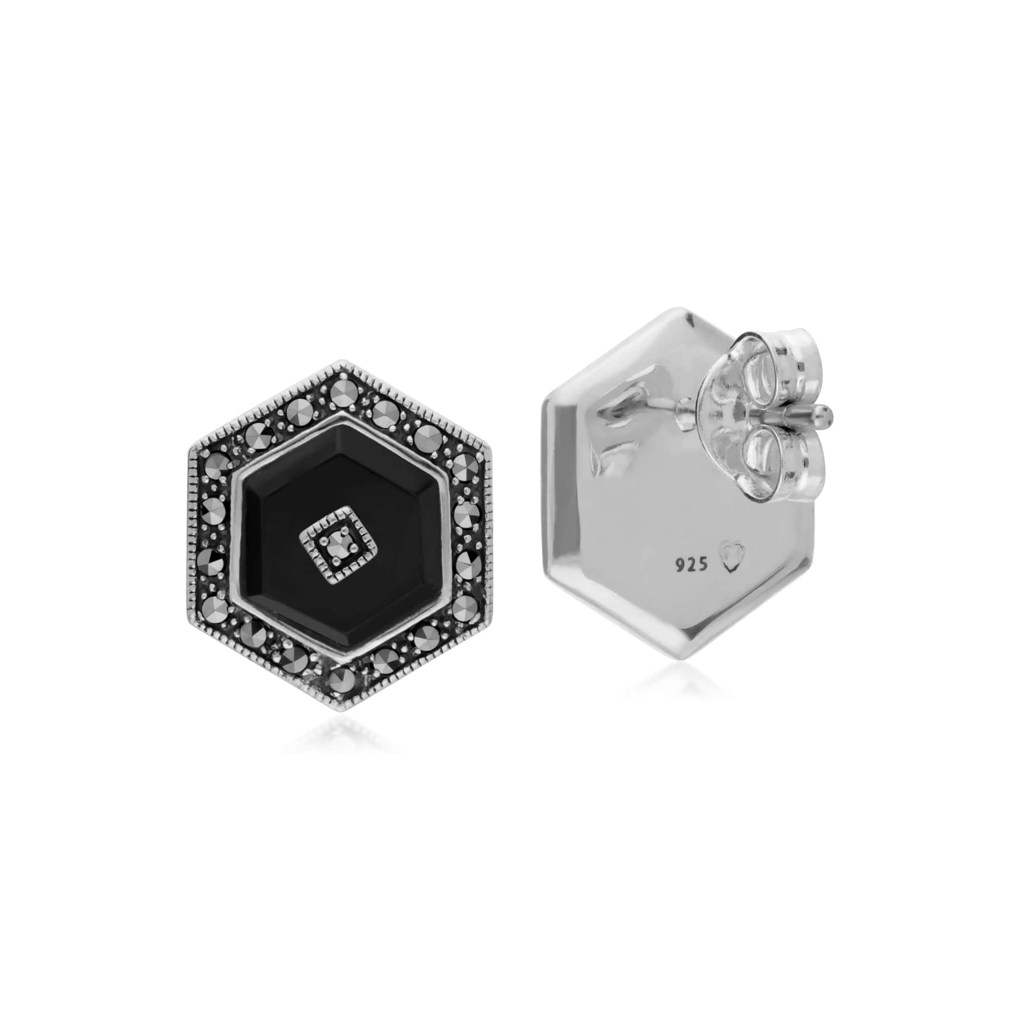 214E872902925 Gemondo Sterling Silver Black Onyx and Marcasite Hexagon Stud Earrings 2