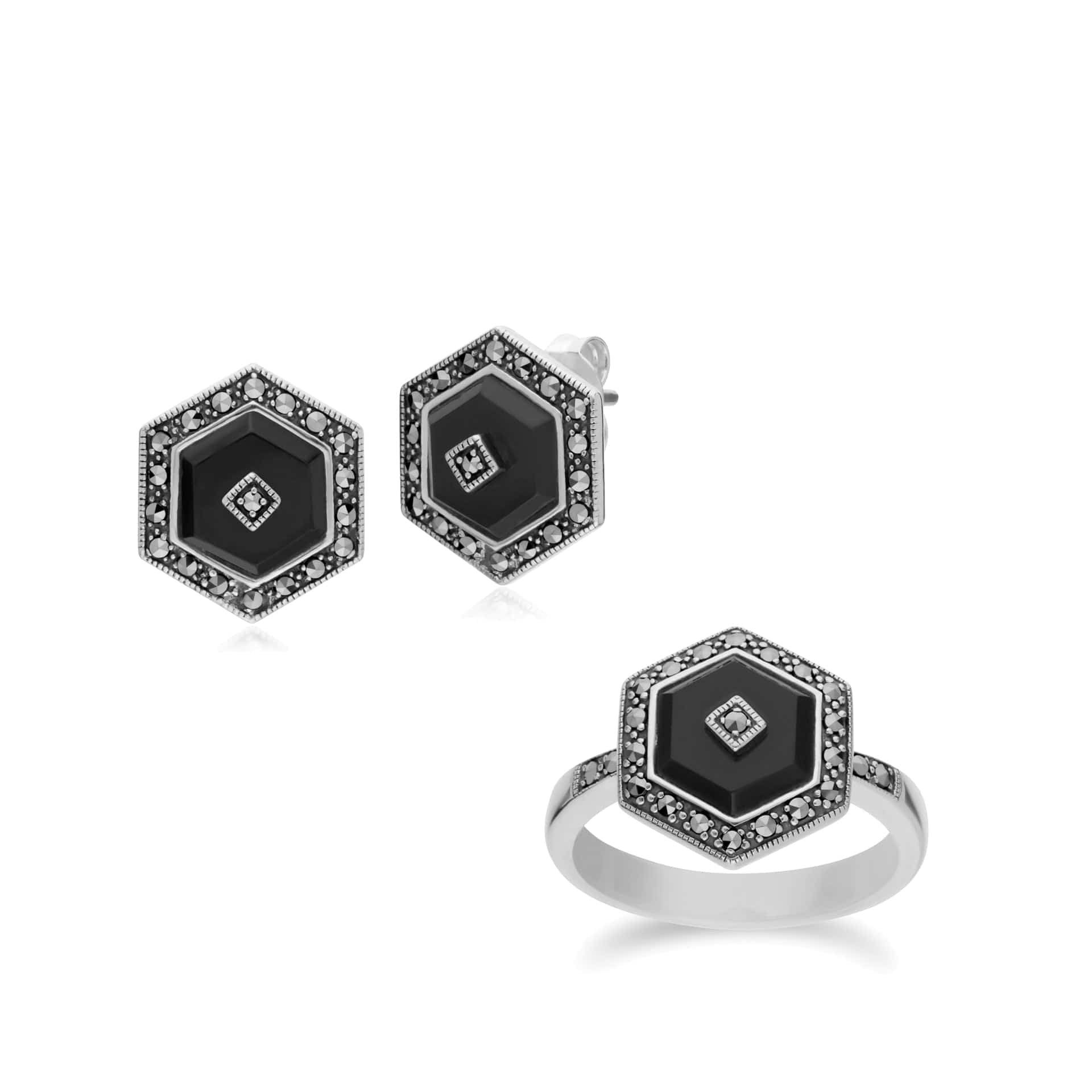 214E872902925-214R605802925 Art Deco Style Black Onyx and Marcasite Hexagon Stud Earrings & Ring Set in 925 Sterling Silver 1