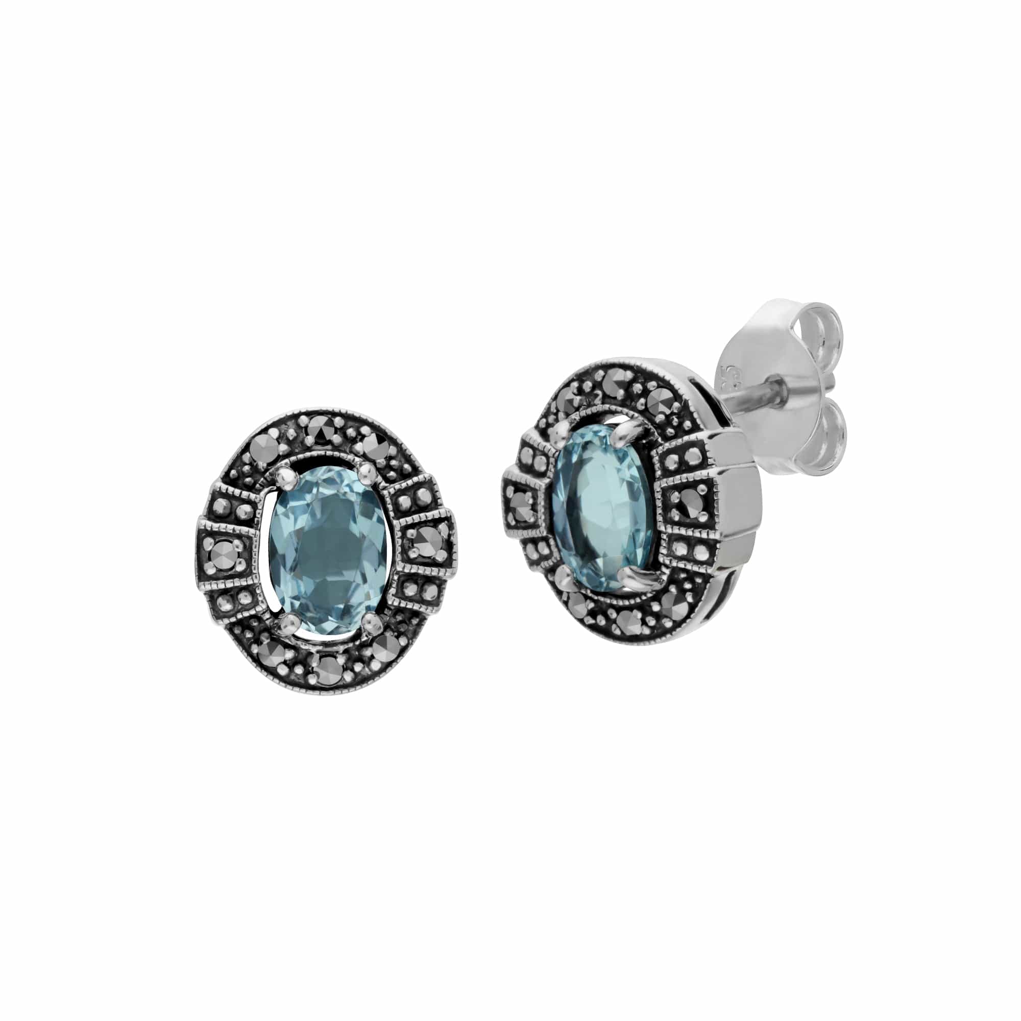 214E873001925-214L165401925 Art Deco Style Oval Blue Topaz and Marcasite Cluster Stud Earrings & Bracelet Set in 925 Sterling Silver 2