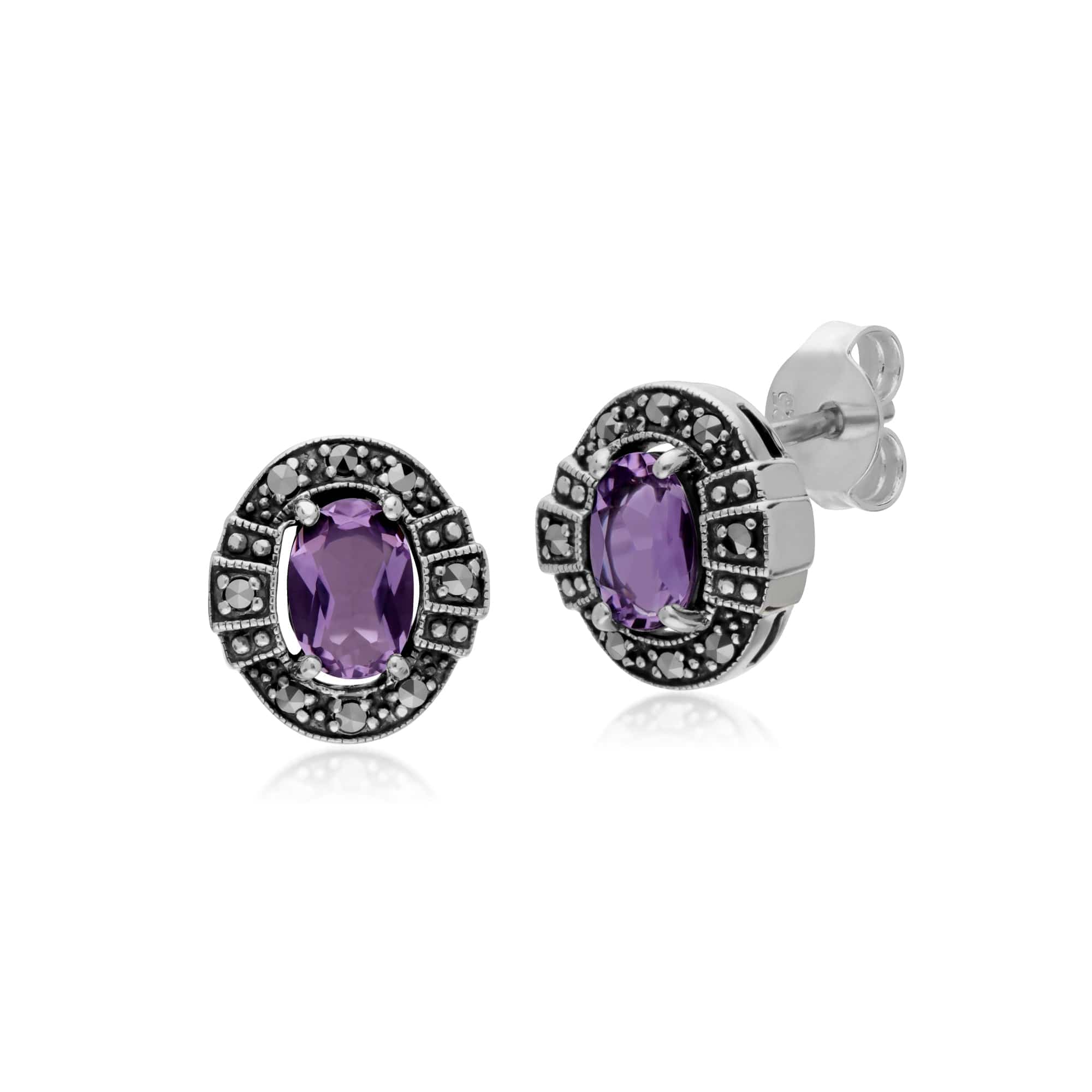 214E873002925-214P303302925 Art Deco Style Oval Amethyst and Marcasite Cluster Stud Earrings & Pendant Set in 925 Sterling Silver 2