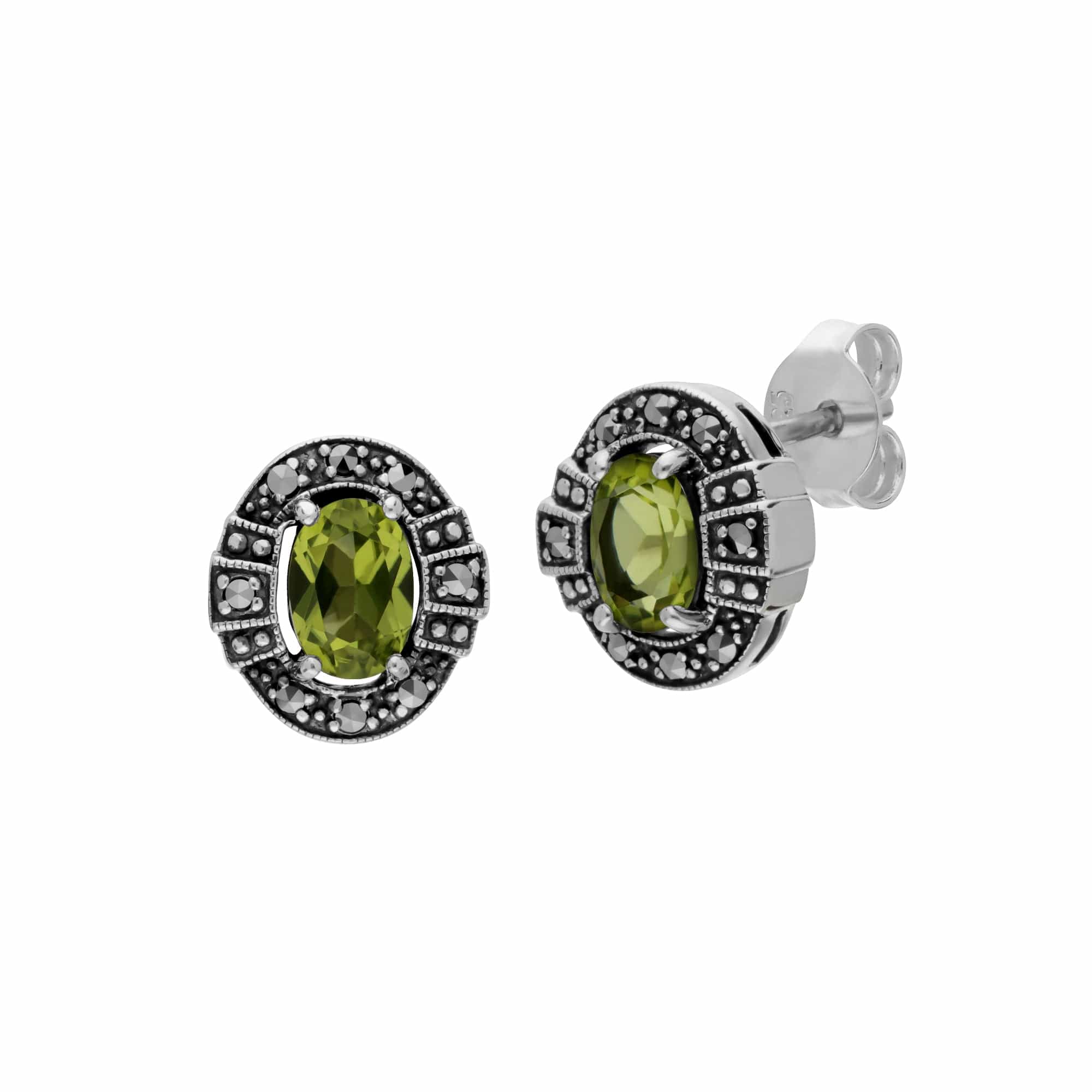 214E873004925 Art Deco Style Oval Peridot & Marcasite Stud Earrings in 925 Sterling Silver 1