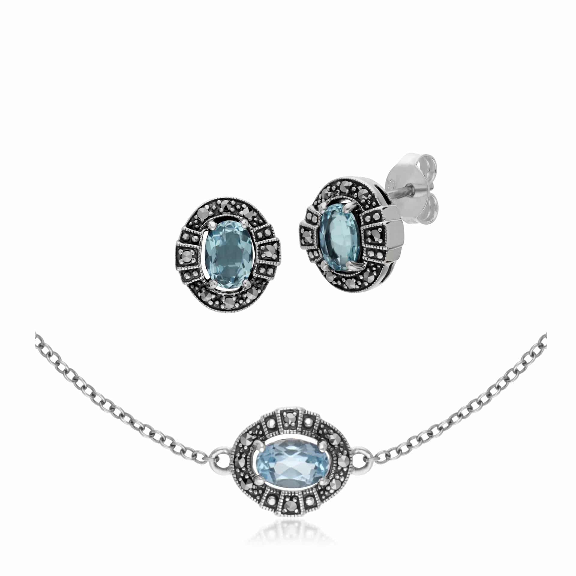 214E873001925-214L165401925 Art Deco Style Oval Blue Topaz and Marcasite Cluster Stud Earrings & Bracelet Set in 925 Sterling Silver 1