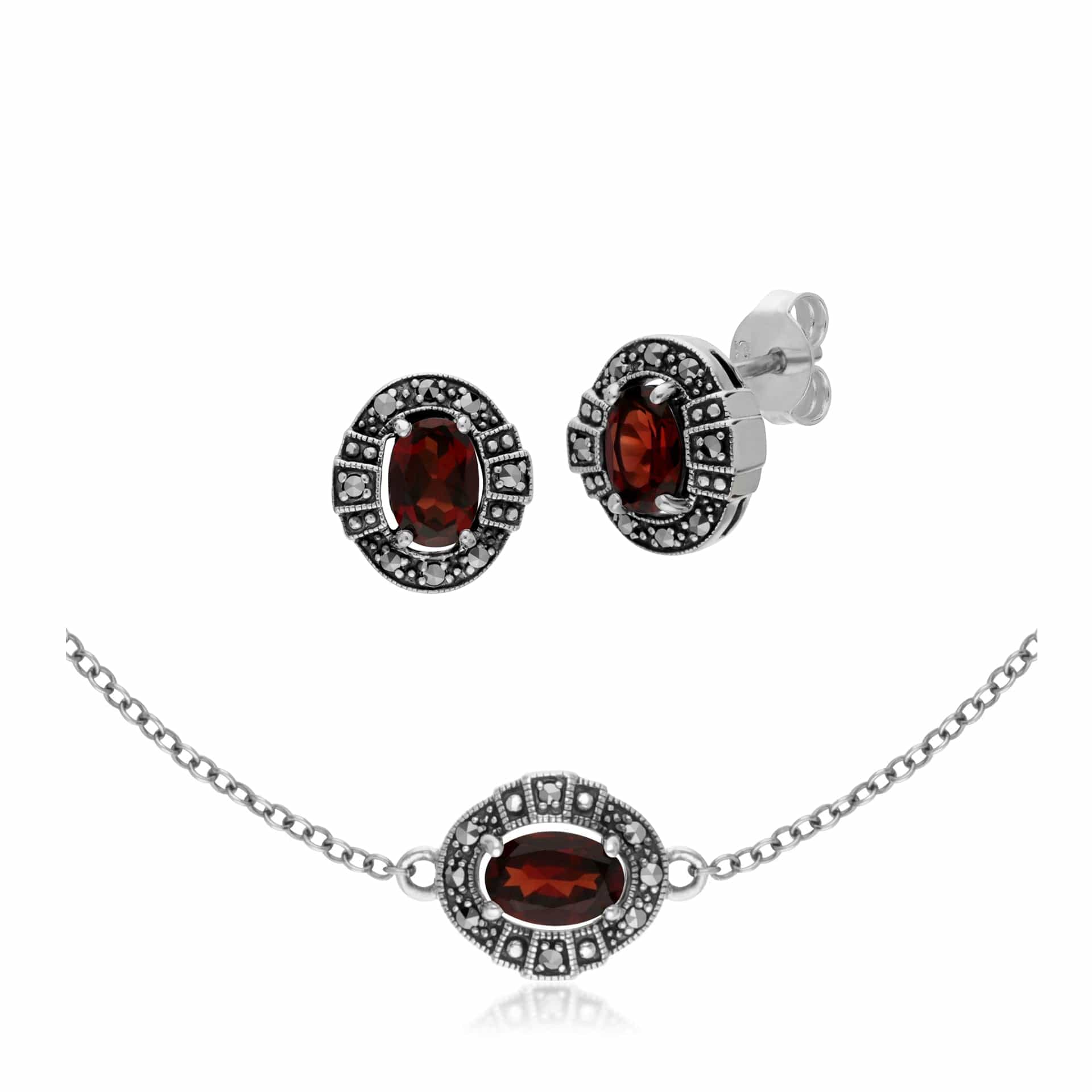 214E873003925-214L165403925 Art Deco Style Oval Garnet and Marcasite Cluster Stud Earrings & Bracelet Set in 925 Sterling Silver 1