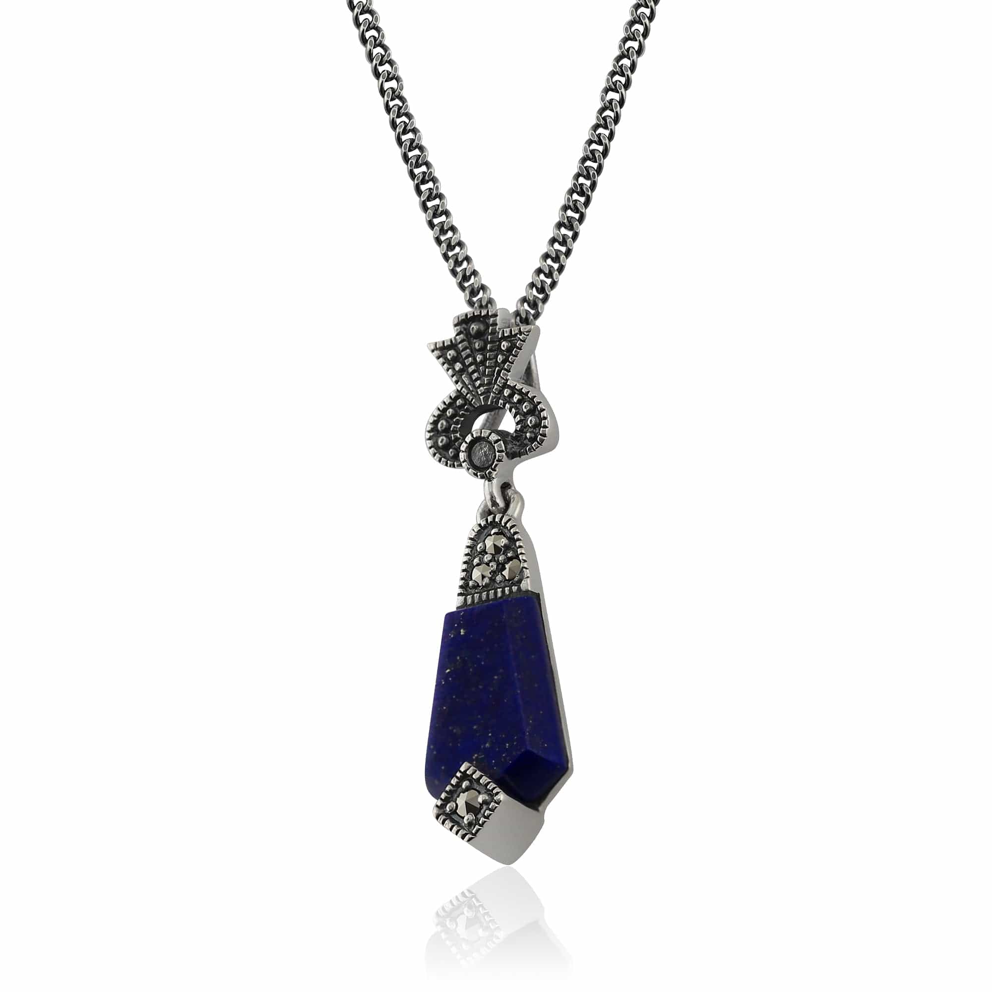 214N633401925 Art Deco Style Lapis Lazuli Cabochon & Marcasite Pendant in 925 Sterling Silver 2
