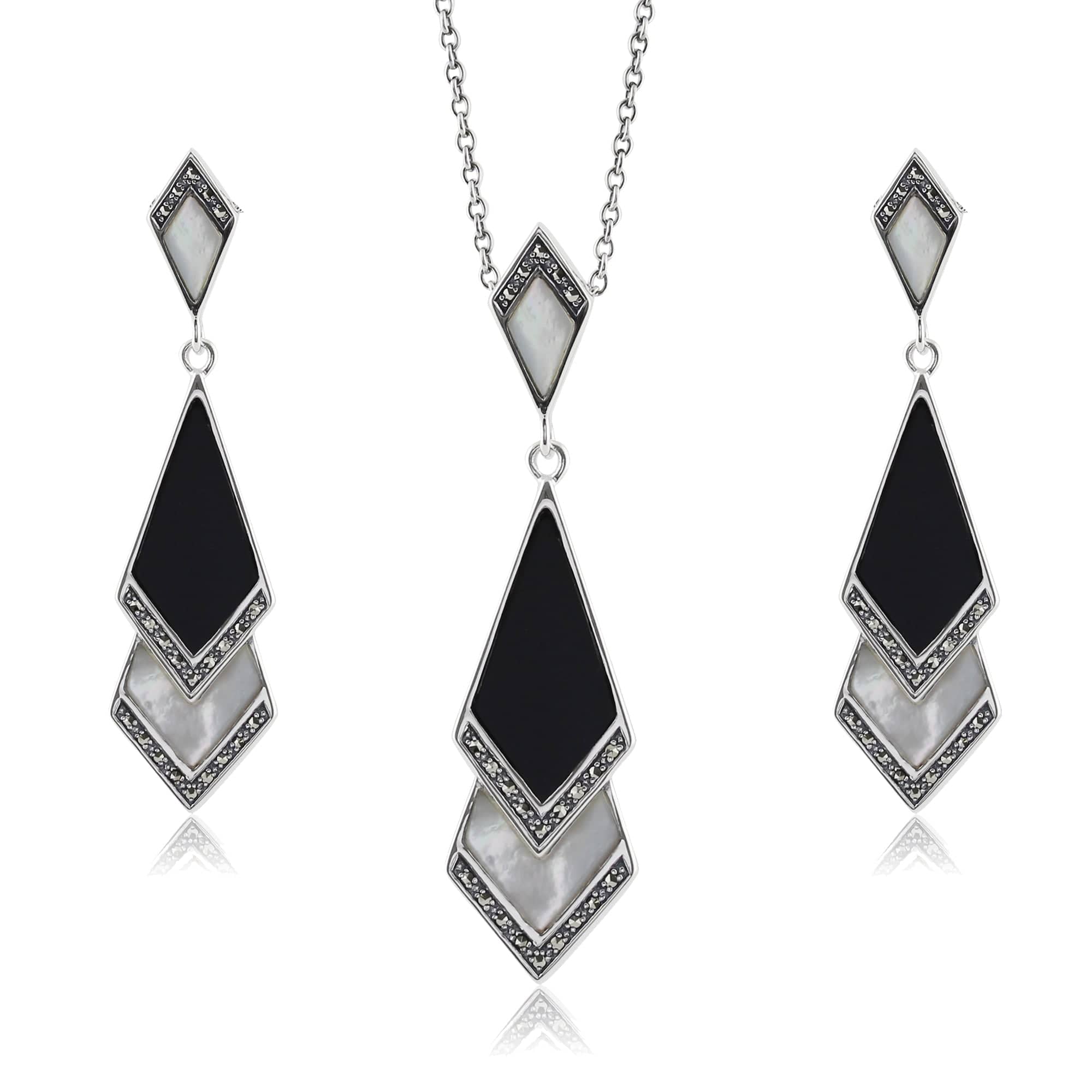 214E615201925-214N419501925 Art Deco Style Style Black Onyx & Mother of Pearl Fan Drop Earrings & Necklace Set in 925 Sterling Silver 1