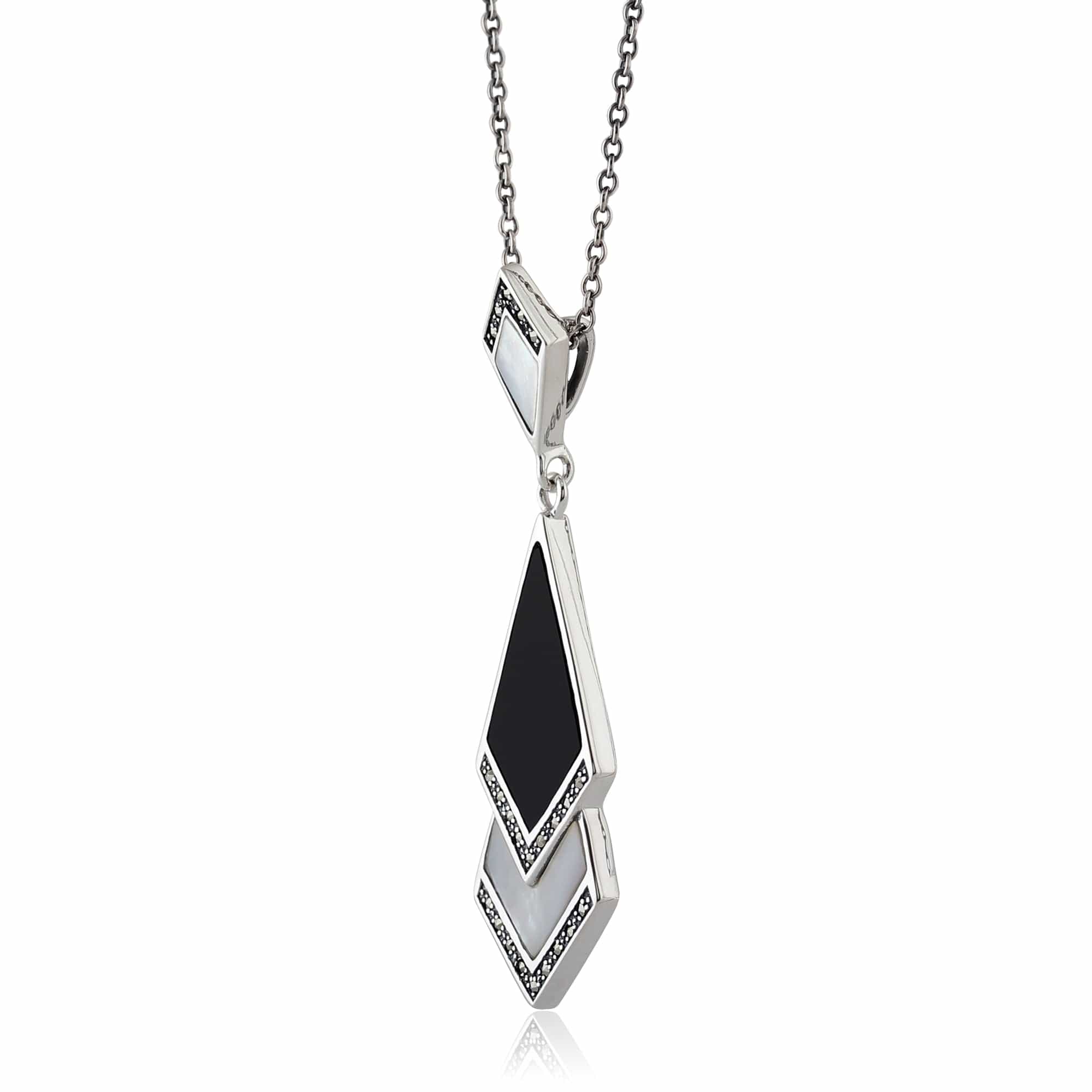 214N419501925 Art Deco Style Mother of Pearl, Black Onyx & Marcasite Pendant in 925 Sterling Silver 2