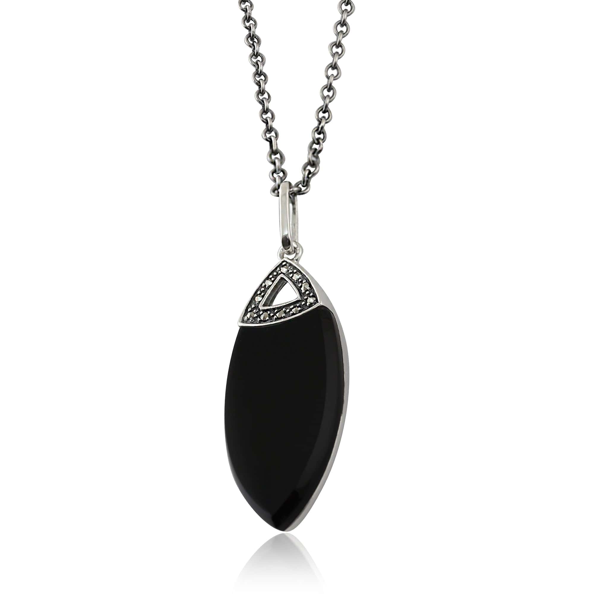 Art Deco Style Round Black Onyx & Marcasite Pendant In Sterling Silver - Gemondo
