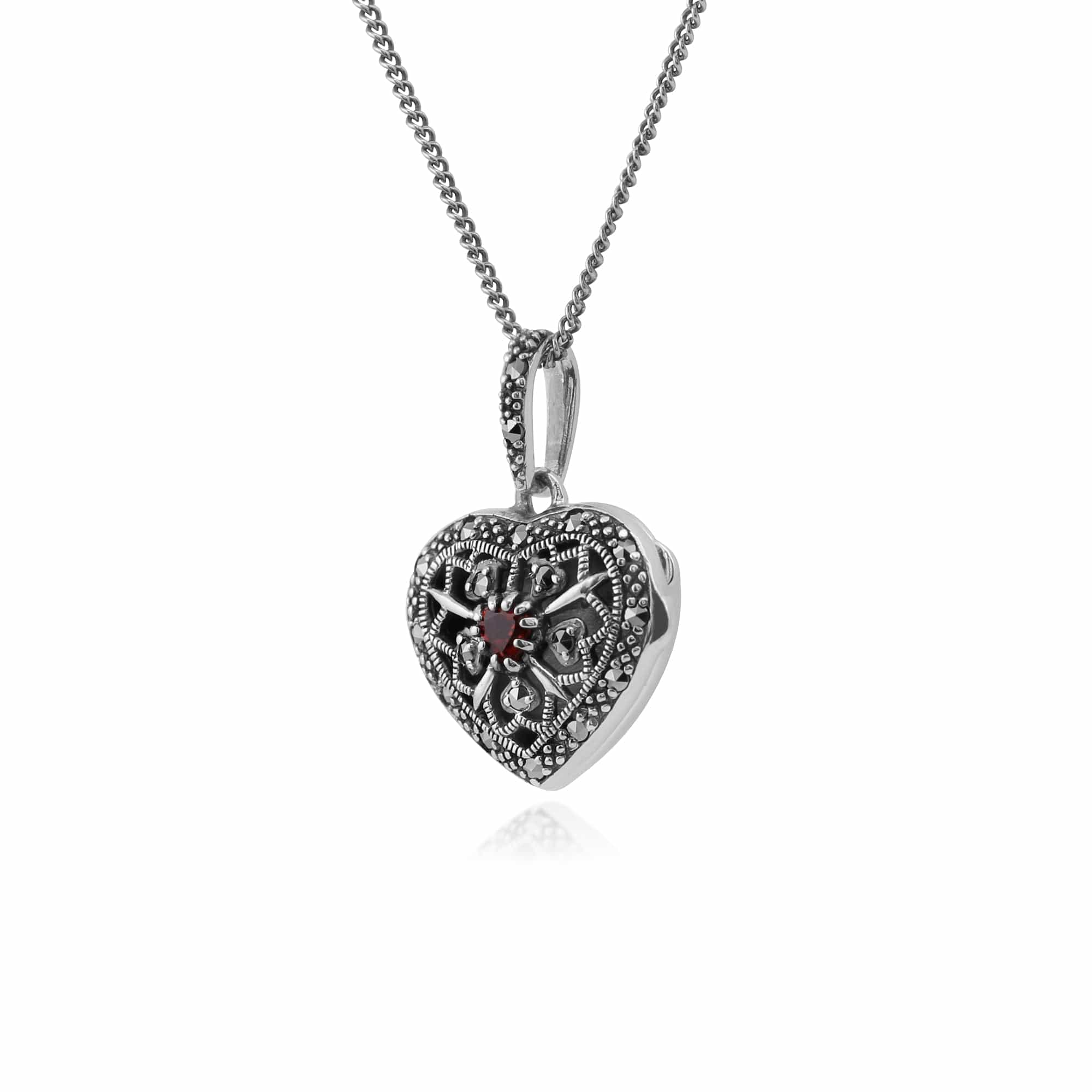 214N461904925 Art Nouveau Style Round Garnet & Marcasite Heart Necklace in 925 Sterling Silver 2