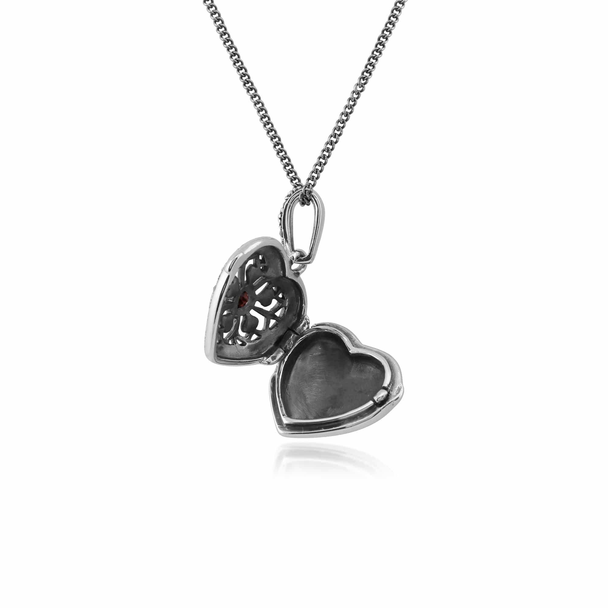 214N461904925 Art Nouveau Style Round Garnet & Marcasite Heart Necklace in 925 Sterling Silver 3
