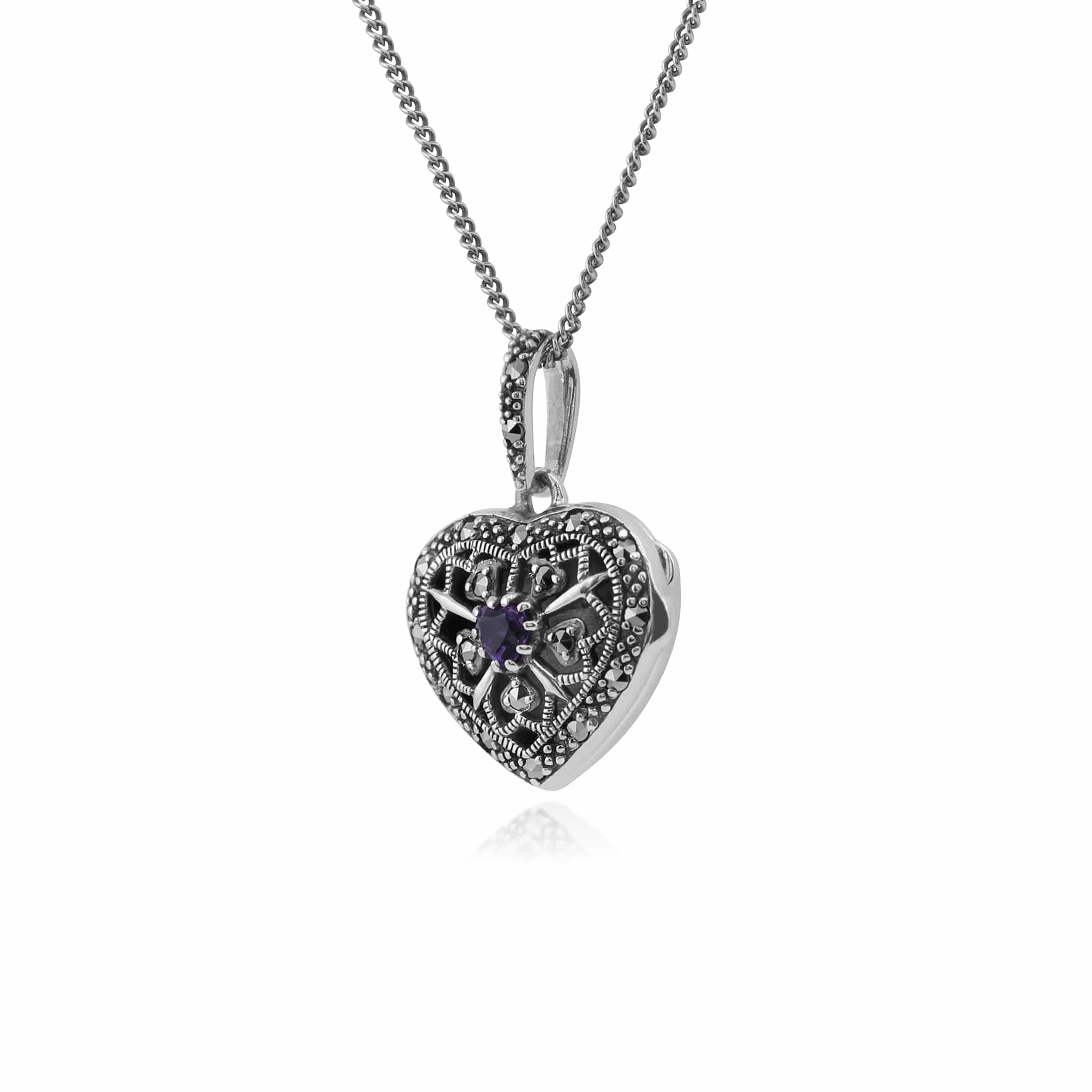 214N461905925 Art Nouveau Style Round Amethyst & Marcasite Heart Necklace in 925 Sterling Silver 2