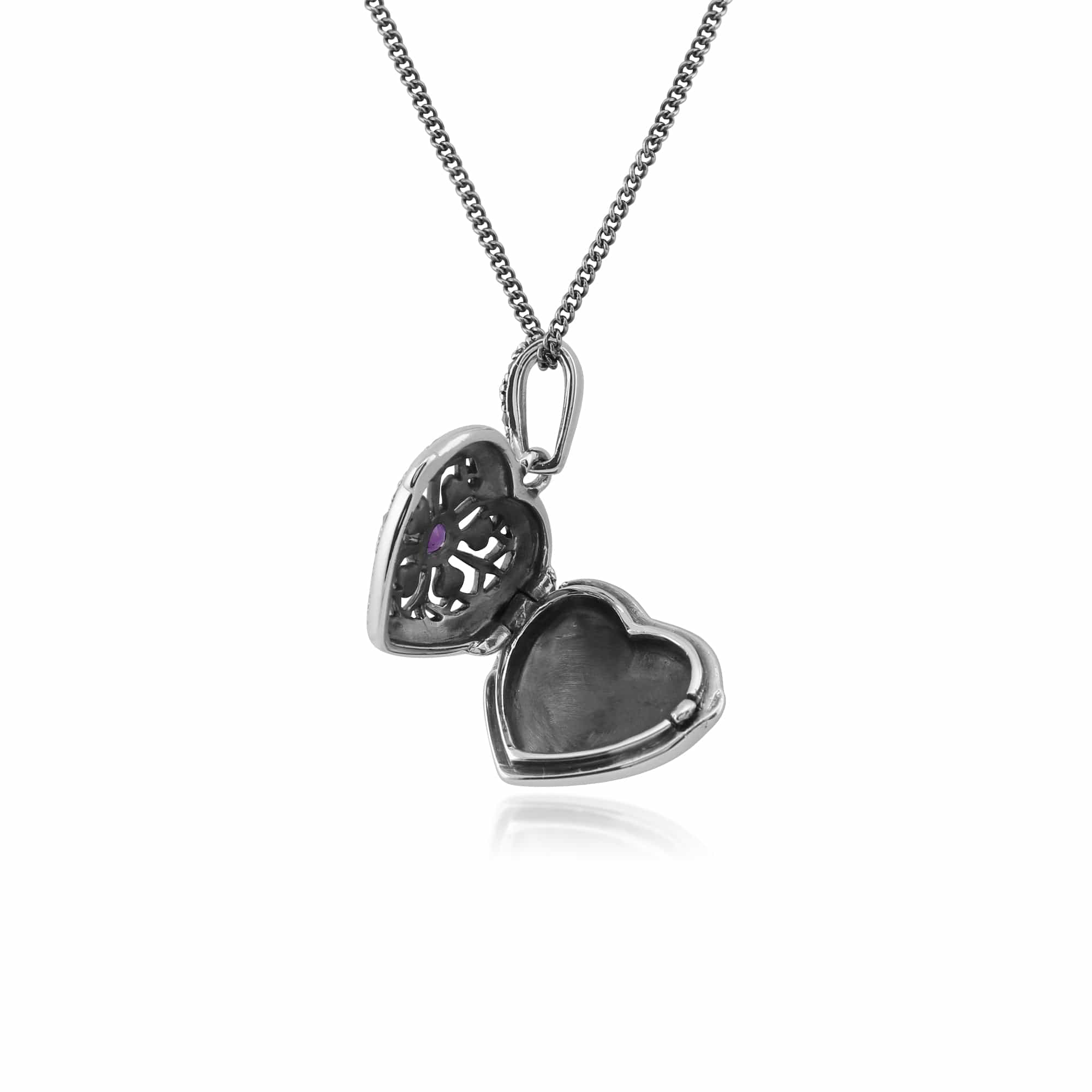 214N461905925 Art Nouveau Style Round Amethyst & Marcasite Heart Necklace in 925 Sterling Silver 3