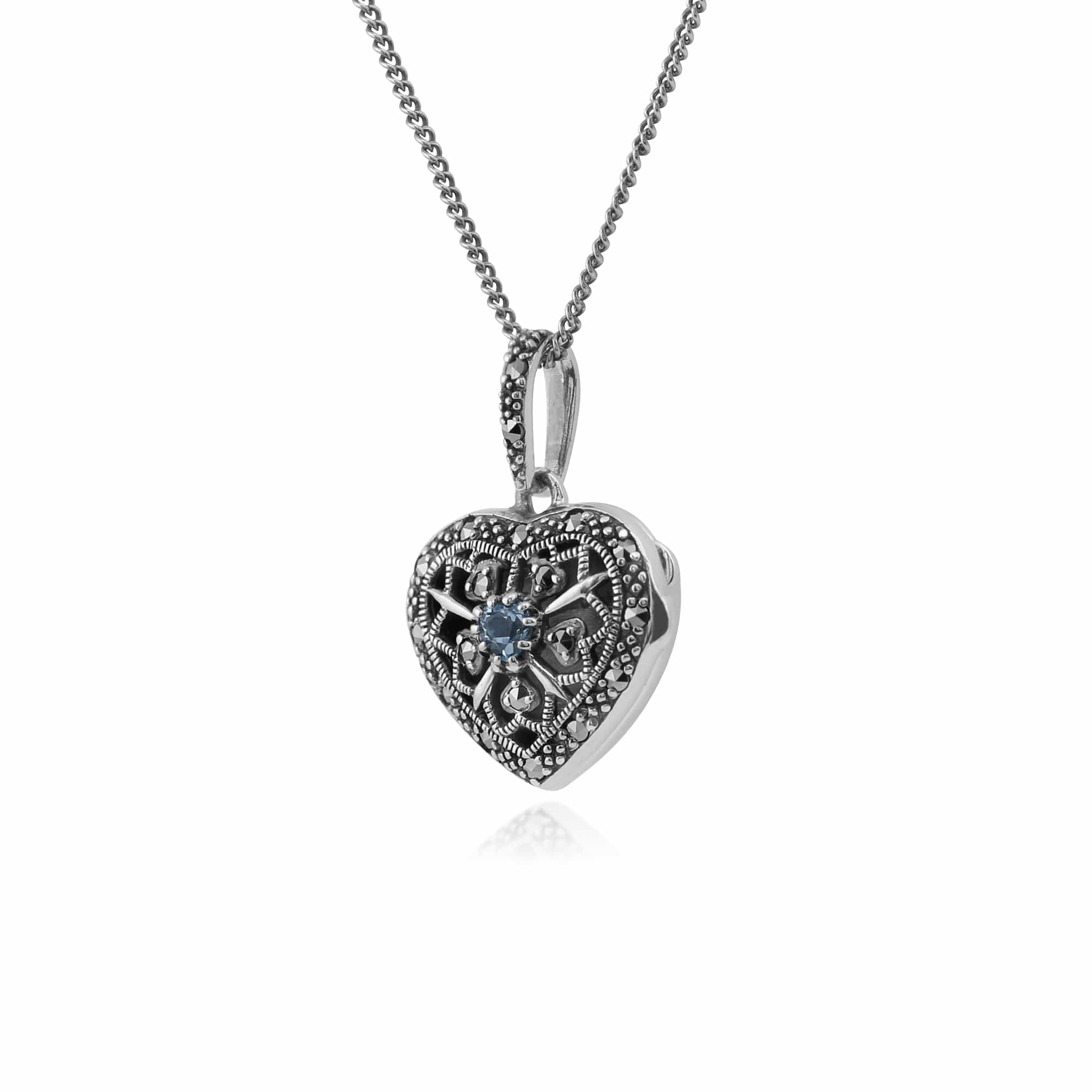 214N461906925 Art Nouveau Style Round Aquamarine & Marcasite Heart Necklace in 925 Sterling Silver 2