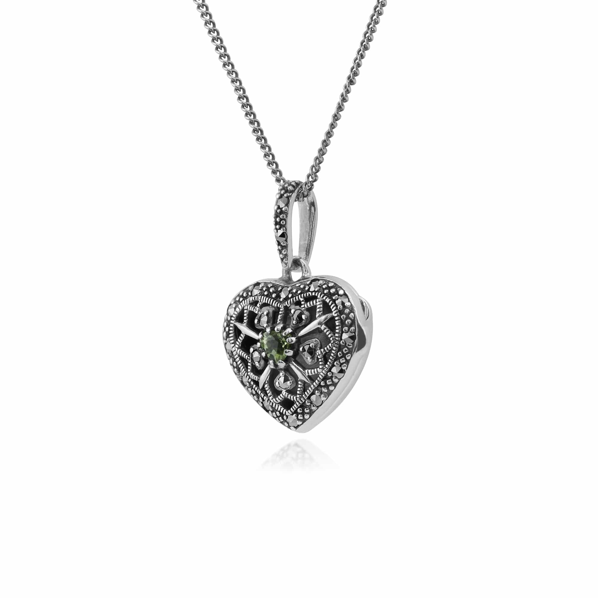 214N461907925 Art Nouveau Style Round Peridot & Marcasite Heart Necklace in 925 Sterling Silver 2