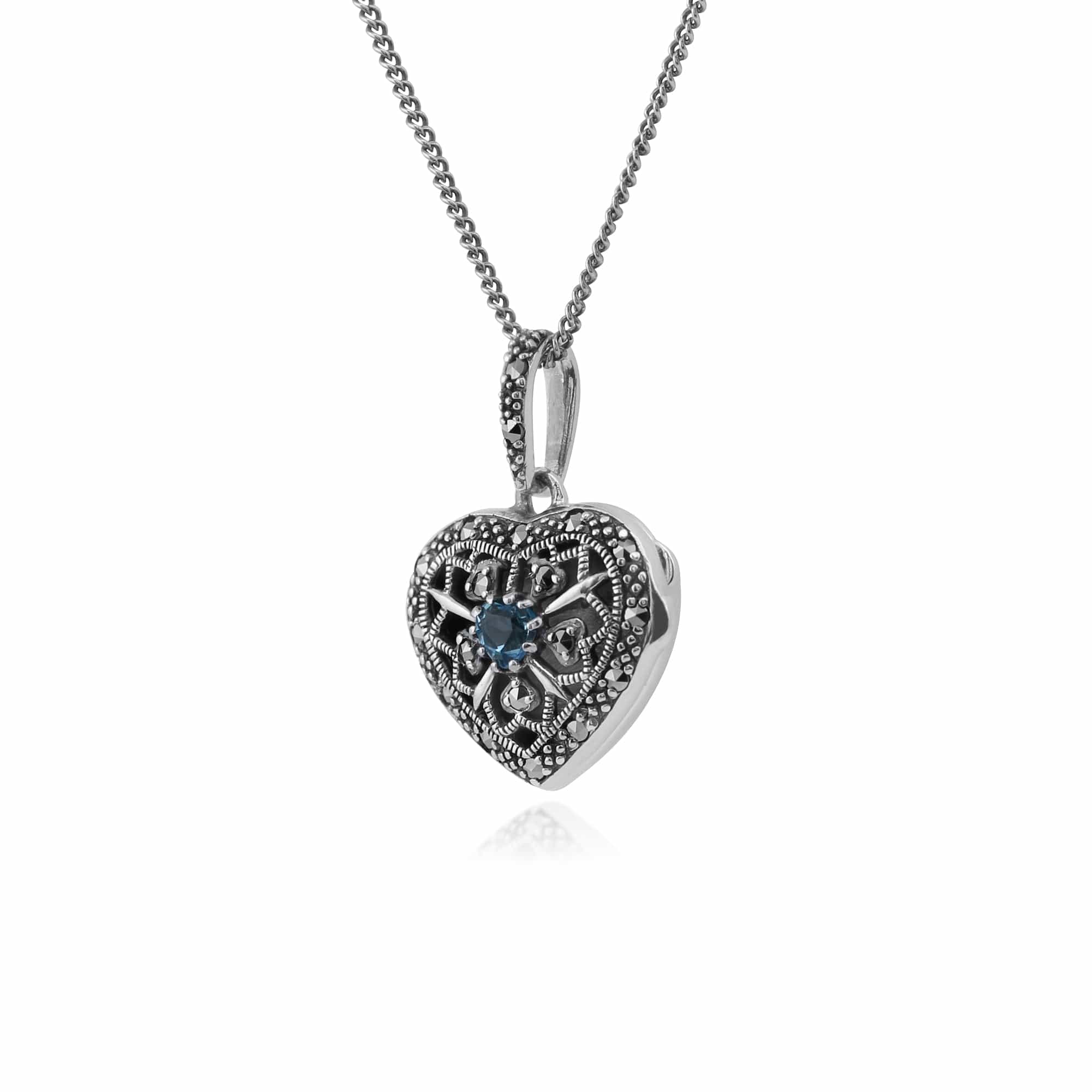 214N461908925 Art Nouveau Style Round Blue Topaz & Marcasite Heart Necklace in 925 Sterling Silver 2
