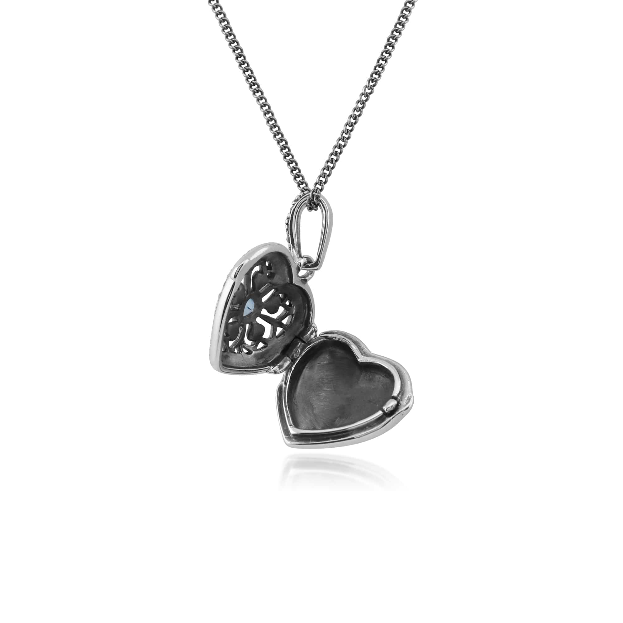 214N461908925 Art Nouveau Style Round Blue Topaz & Marcasite Heart Necklace in 925 Sterling Silver 3