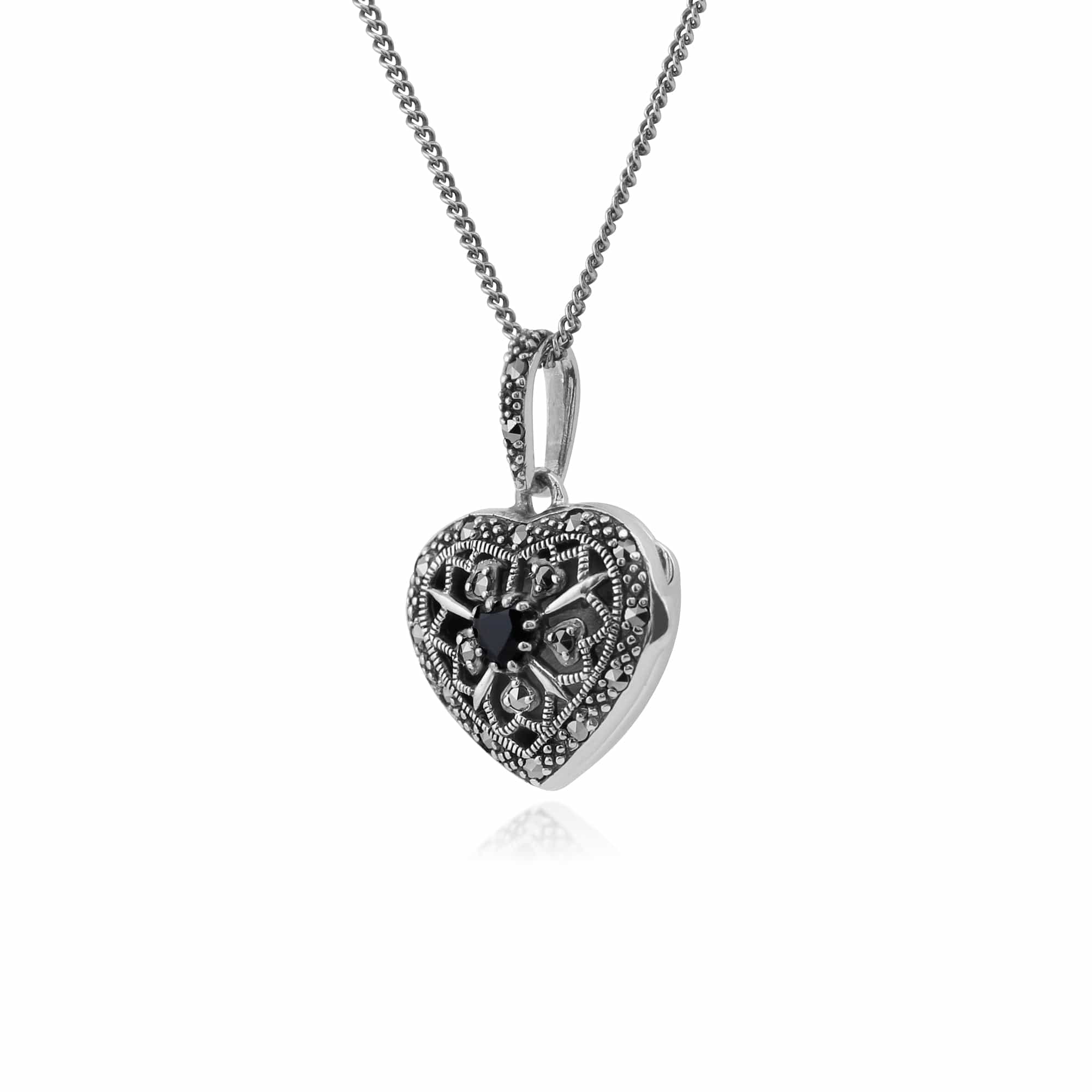 214N461912925 Art Nouveau Style Round Sapphire & Marcasite Heart Necklace in 925 Sterling Silver 3
