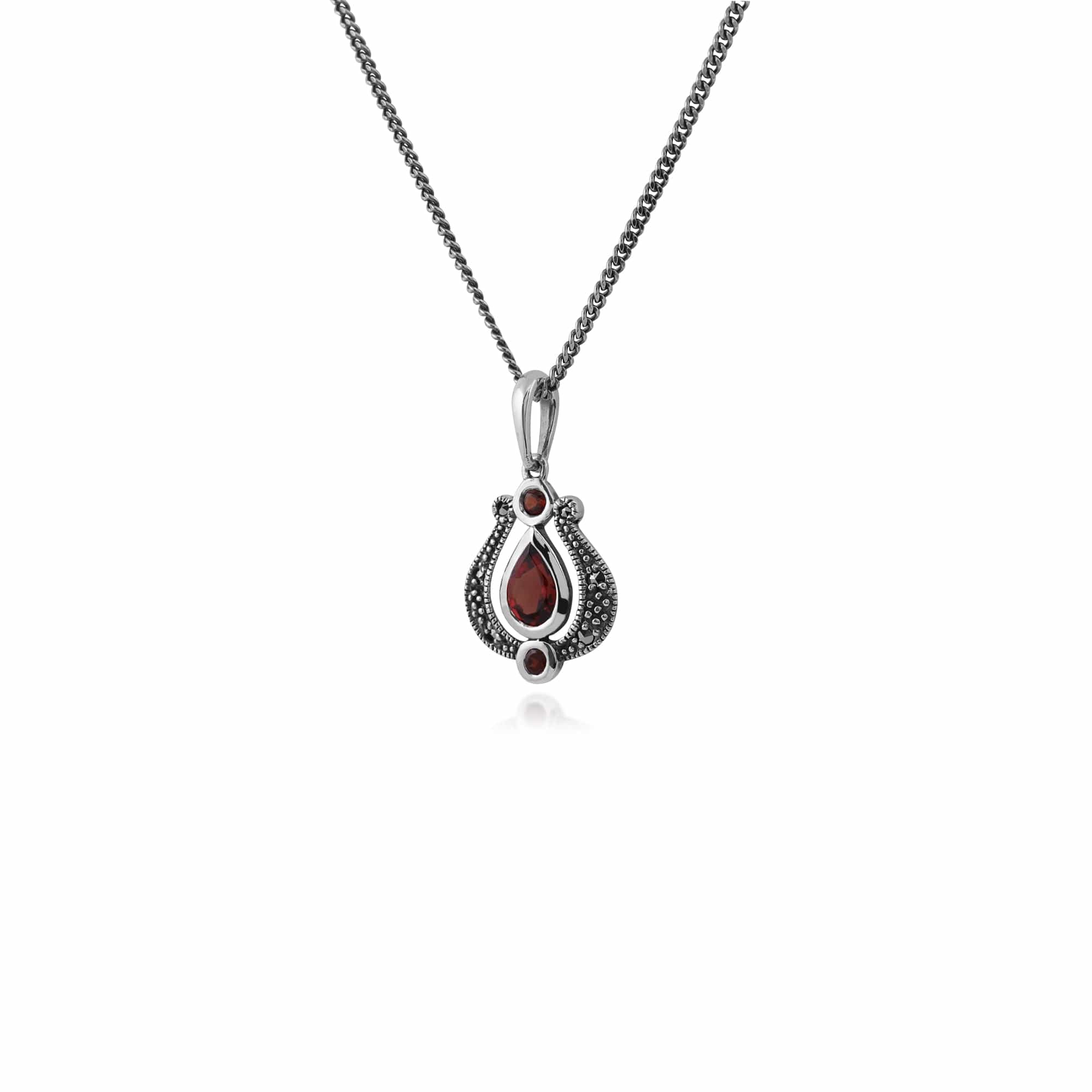214N463403925 Art Nouveau Style Pear Garnet & Marcasite Floral Tulip Pendant in 925 Sterling Silver 2