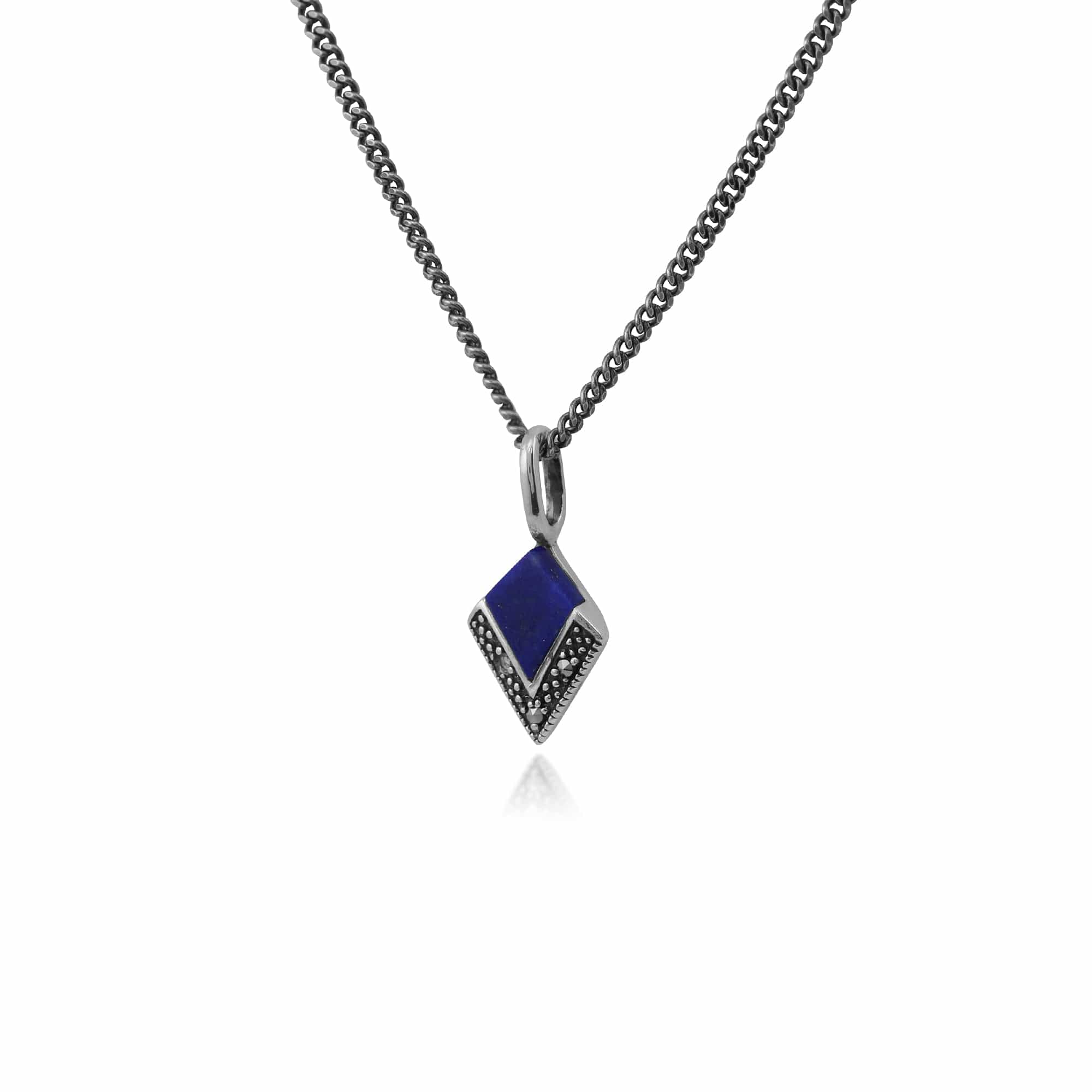 214N478903925 Art Deco Style Lapis Lazuli Cabochon & Marcasite Diamond Shape Pendant in 925 Sterling Silver 2