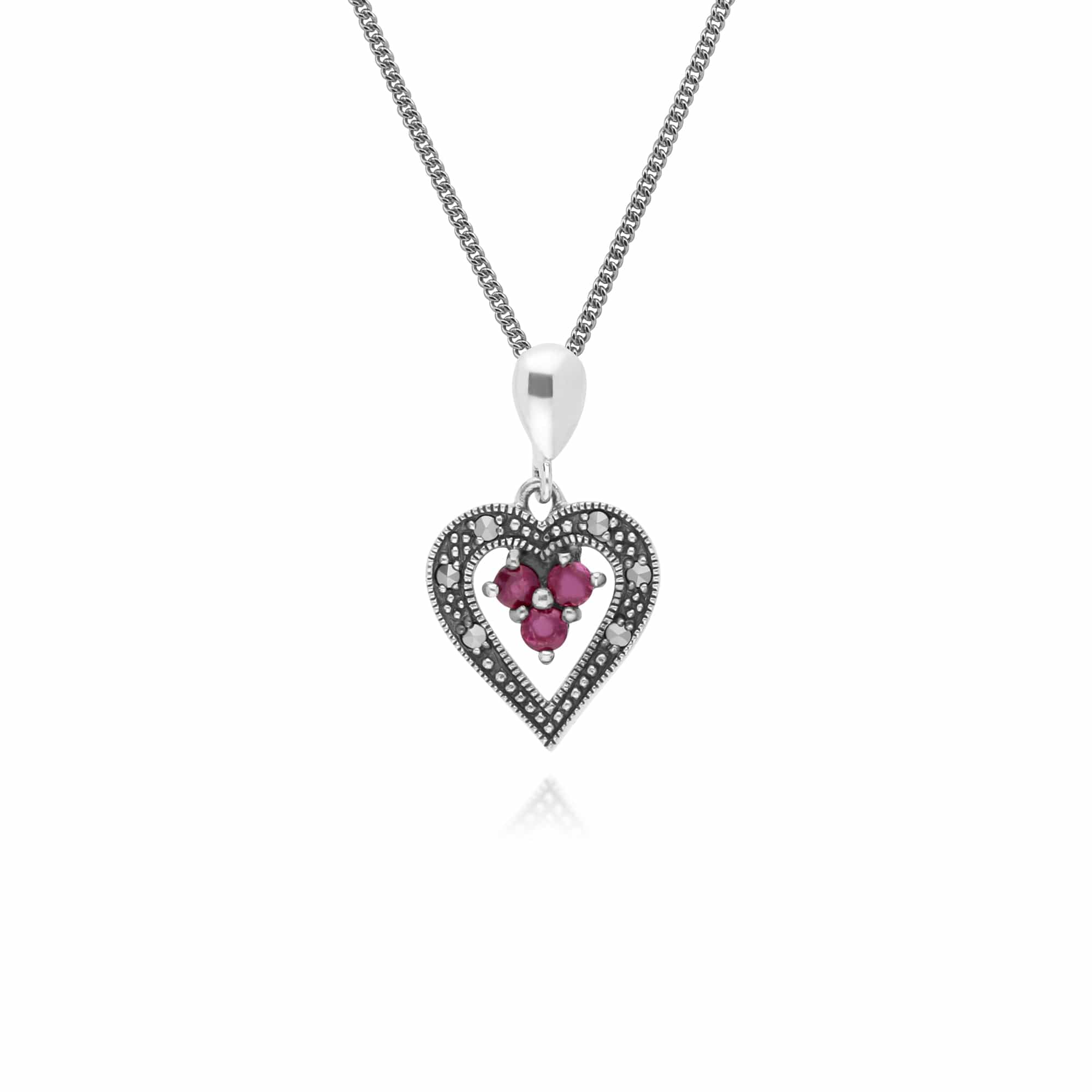 214N481204925 Art Deco Style  Round Ruby & Marcasite Heart Pendant in 925 Sterling Silver 1