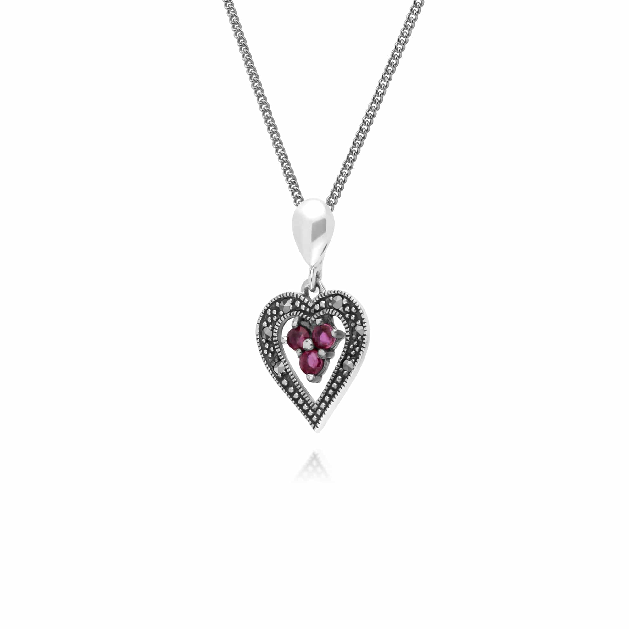 214N481204925 Art Deco Style  Round Ruby & Marcasite Heart Pendant in 925 Sterling Silver 2