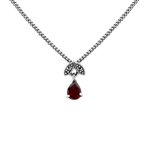 Art Nouveau Style Pear Garnet & Marcasite Pendant in 925 Sterling Silver - Gemondo