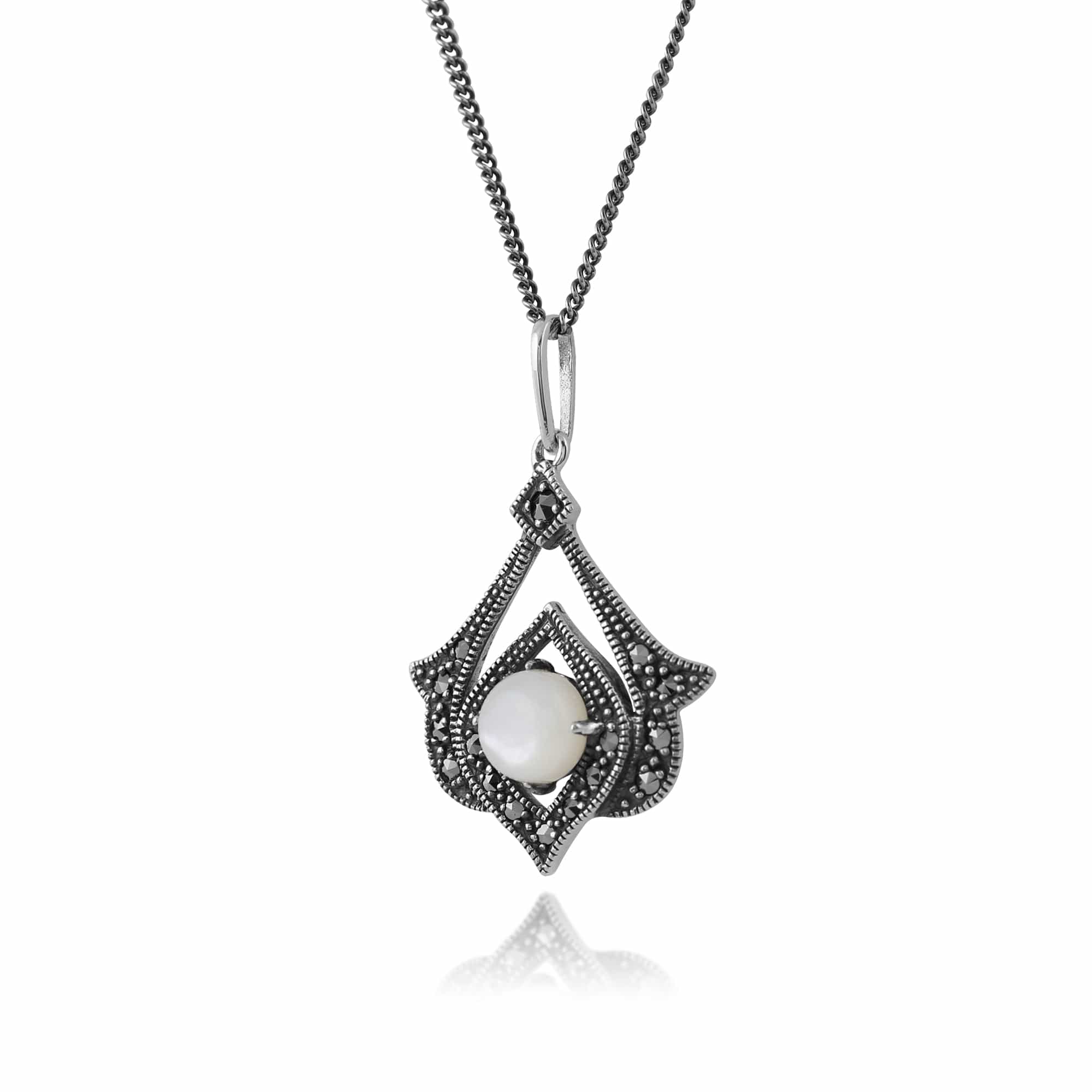 214N517101925 Art Nouveau Style Mother of Pearl & Marcasite Open Work Pendant in 925 Sterling Silver 2