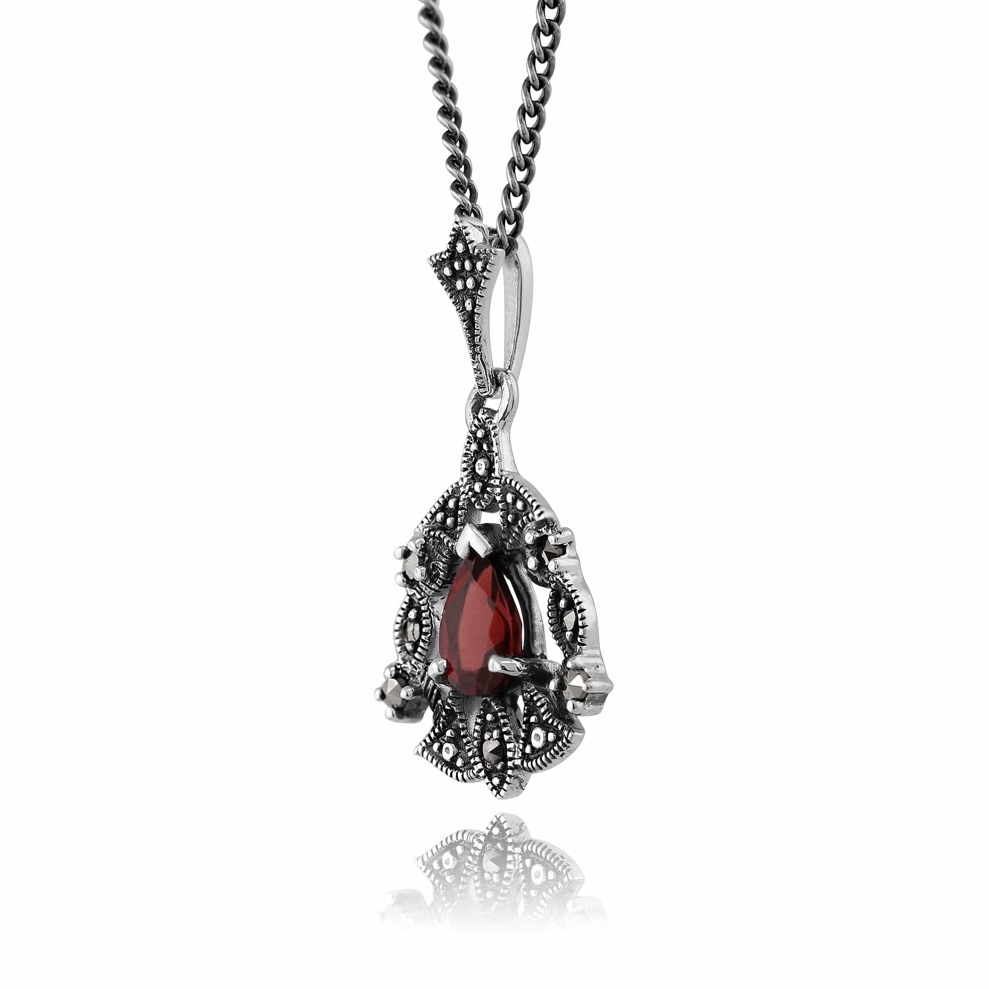 214N540201925 Art Nouveau Style Pear Garnet & Marcasite Garland Pendant in Silver 4