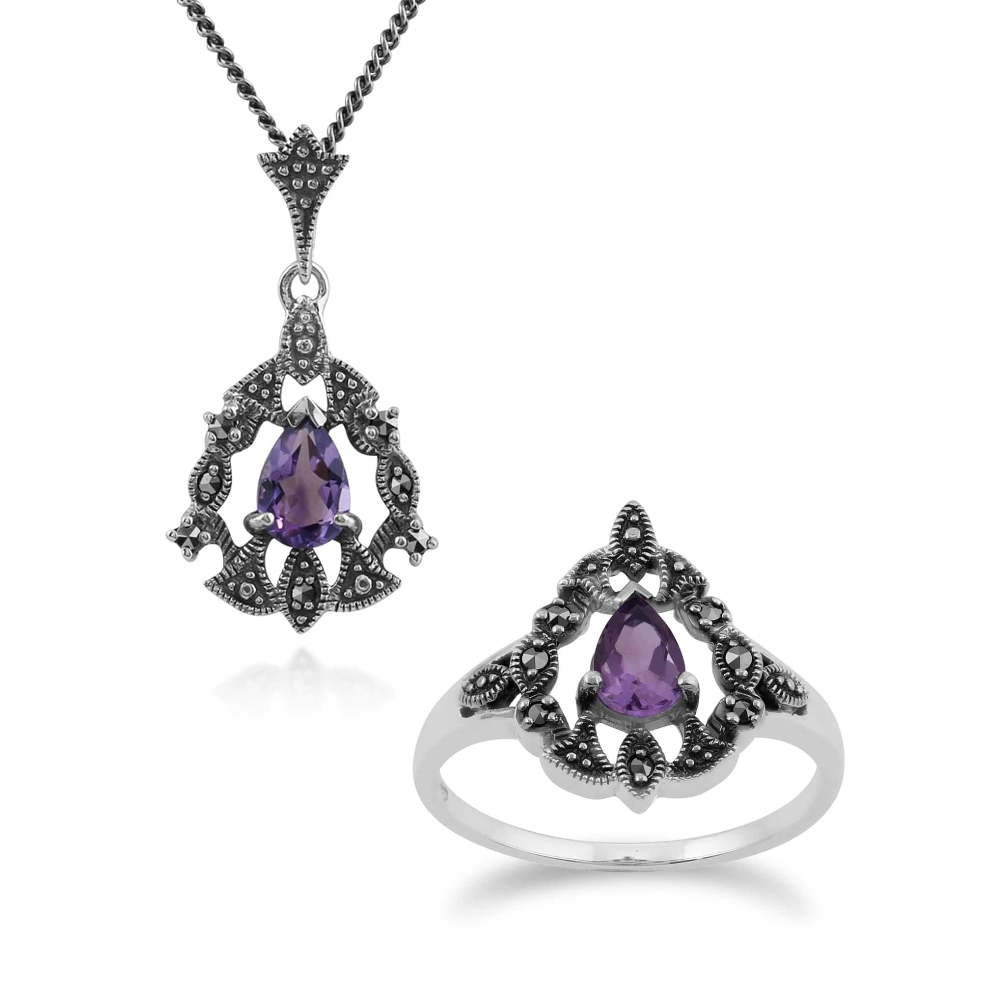 214N540202925-214R507802925 Art Nouveau Style Pear Amethyst & Marcasite Garland Pendant & Ring Set in 925 Sterling Silver 1