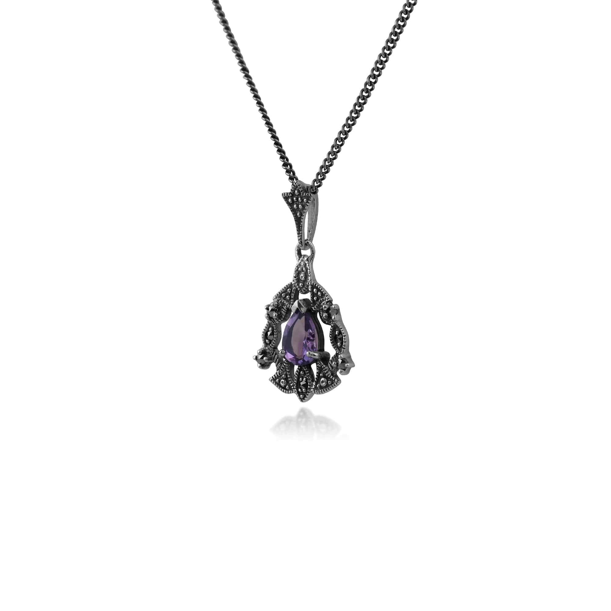 214N540202925 Art Nouveau Style Pear Amethyst & Marcasite Garland Necklace in 925 Sterling Silver 2