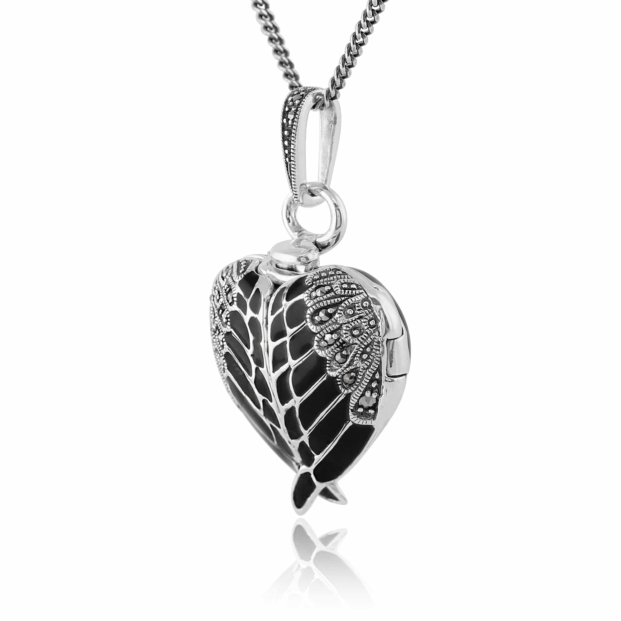 214N583501925 Art Nouveau Style Round Marcasite & Black Enamel Angel Wing Heart Locket on Chain in 925 Sterling Silver 2