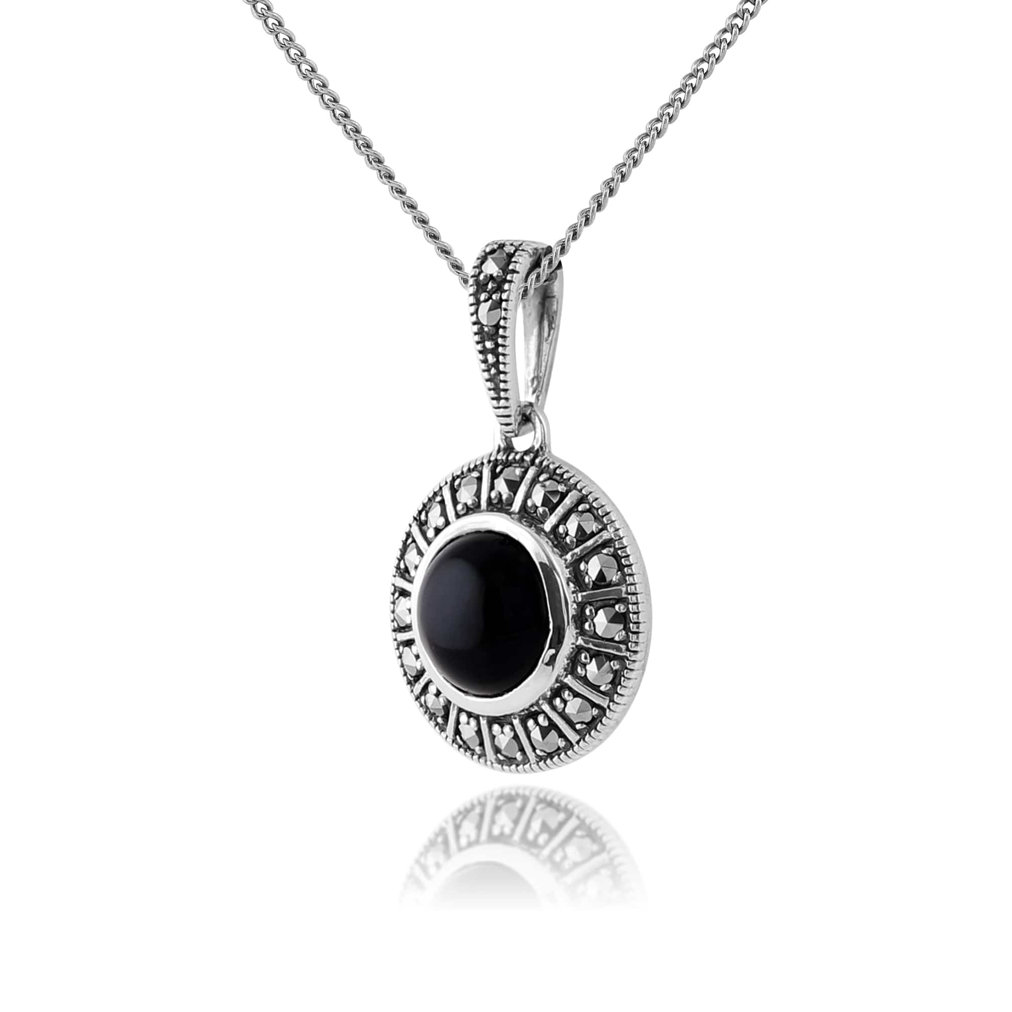 214N646502925 Art Deco Style Round Black Onyx Cabochon & Marcasite Pendant In Sterling Silver 2