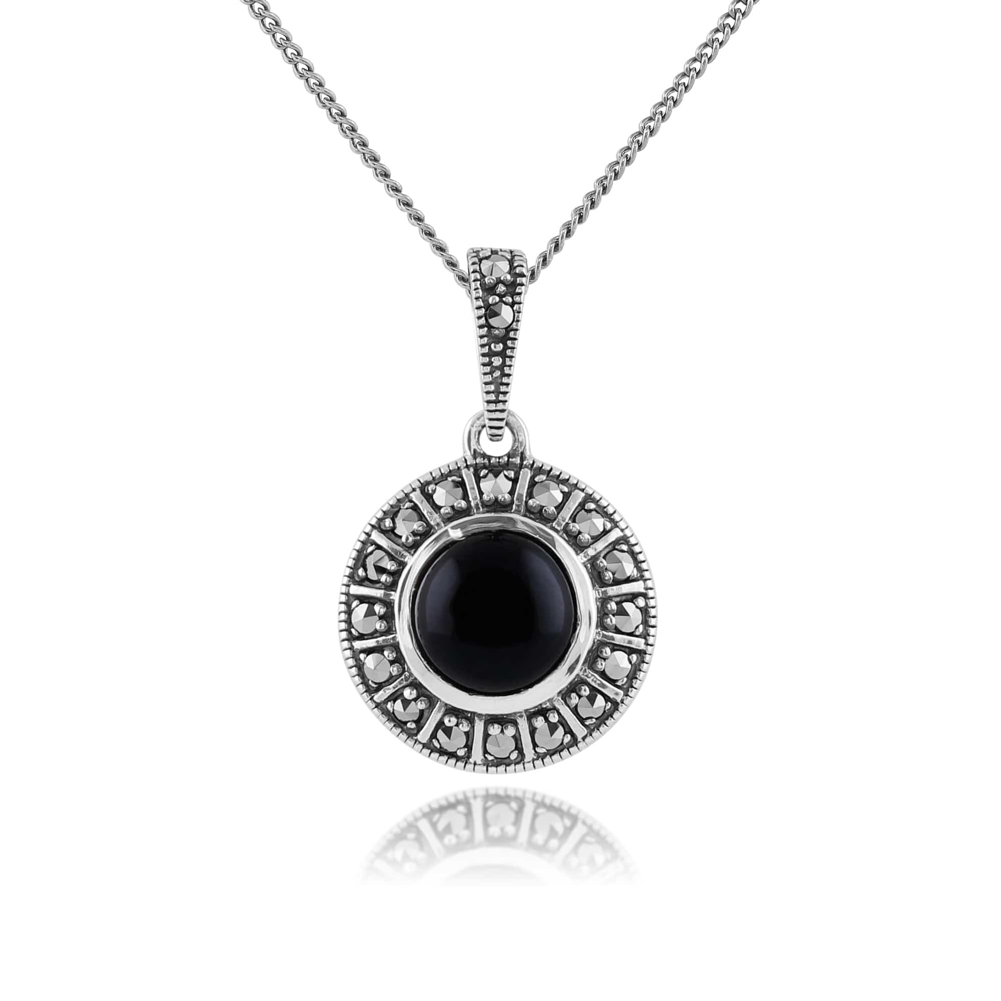 Art Deco Style Round Black Onyx Cabochon & Marcasite Pendant In Sterling Silver - Gemondo