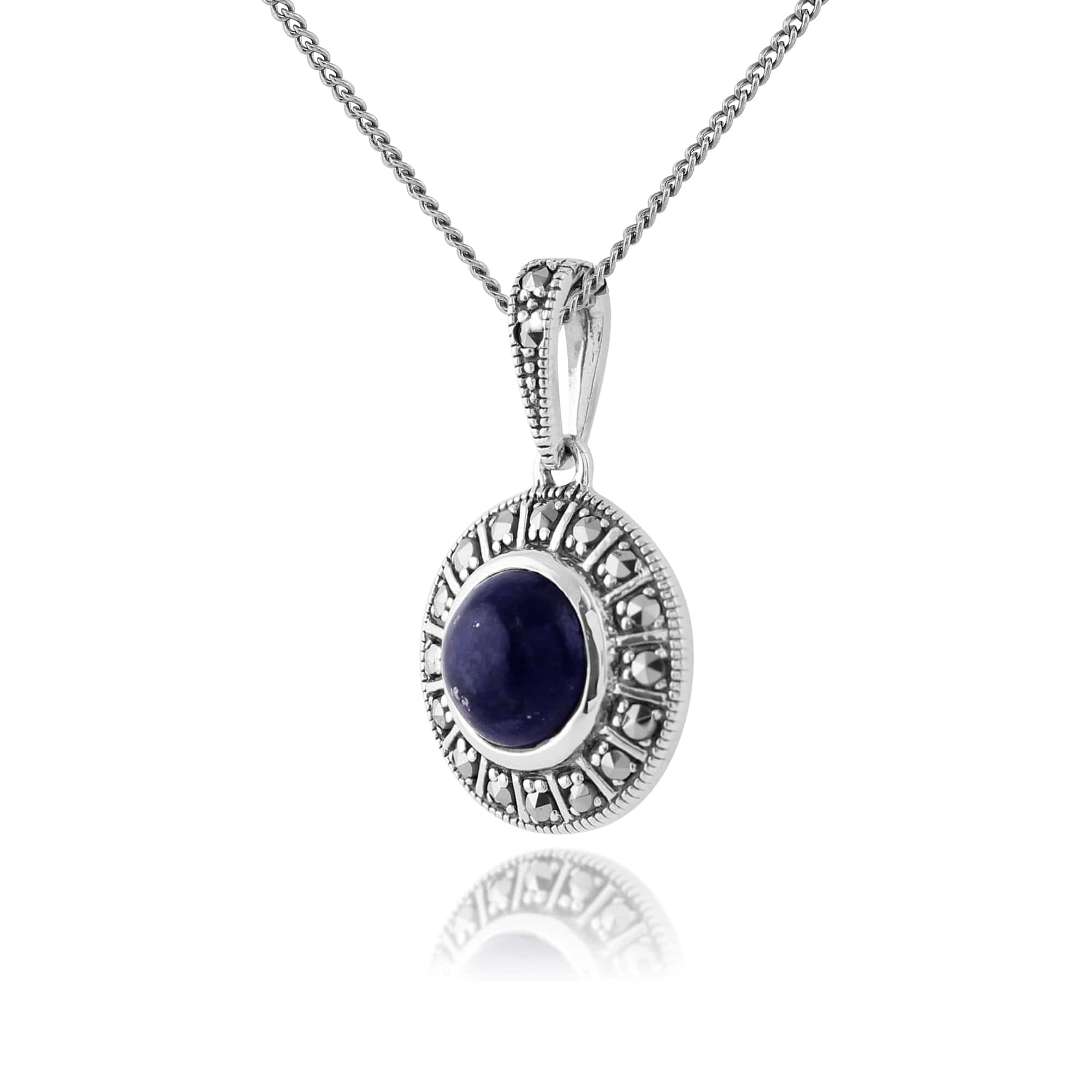 214N646503925 Art Deco Style Round Lapis Lazuli Cabochon & Marcasite Pendant in 925 Sterling Silver 2