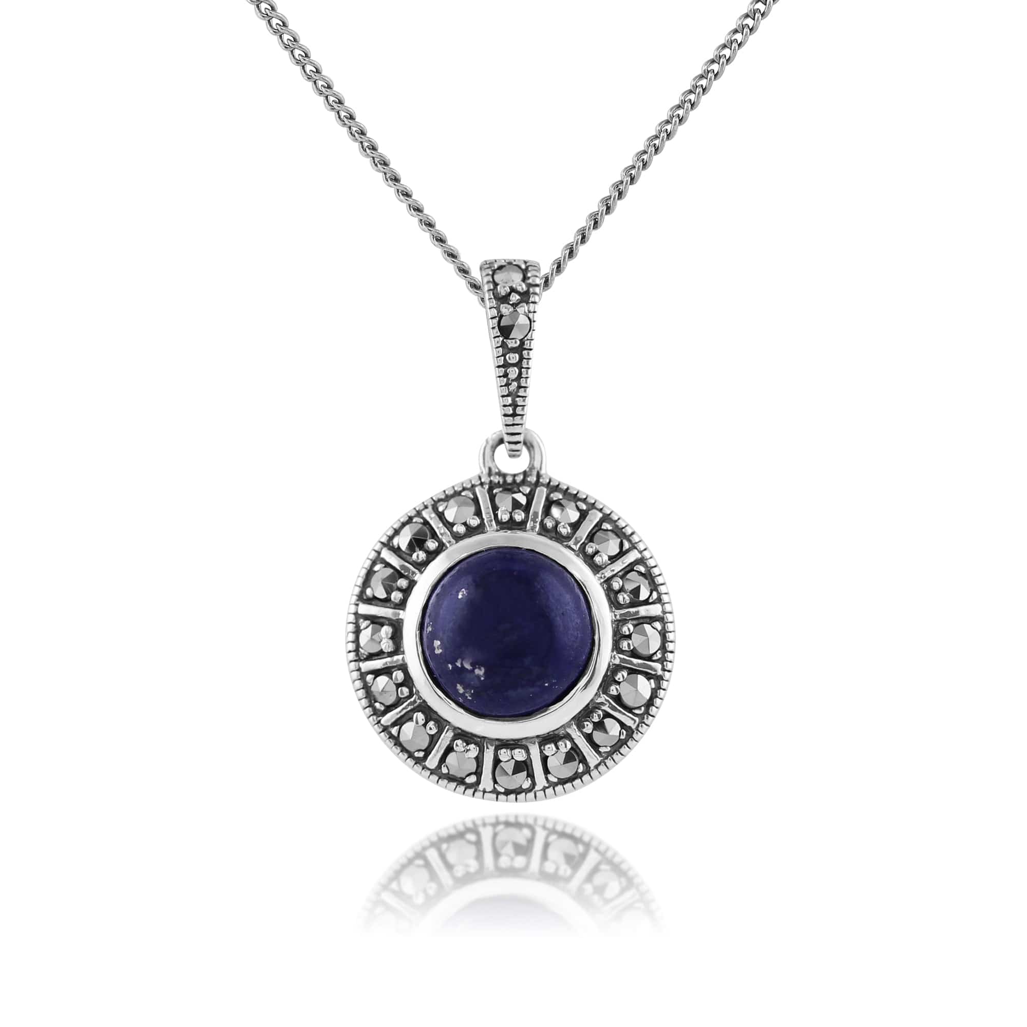 Art Deco Style Round Lapis Lazuli & Marcasite Halo Stud Earrings & Pendant Set in 925 Sterling Silver - Gemondo