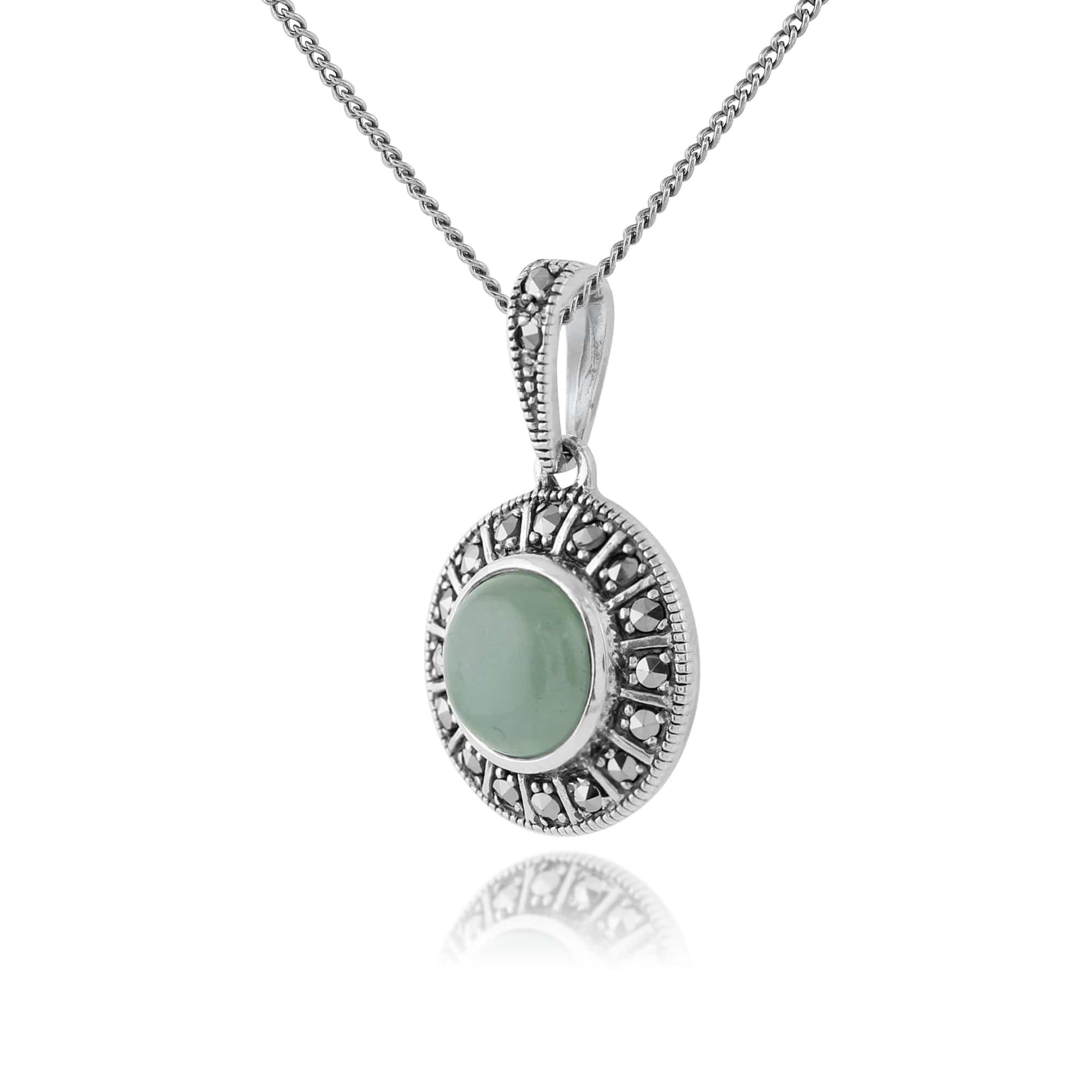 214N646504925 Art Deco Style Round Green Jade Cabochon & Marcasite Pendant in 925 Sterling Silver 2