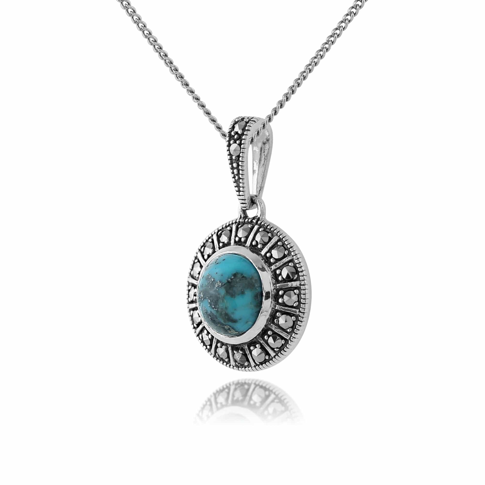 214N646506925 Art Deco Style Round Turquoise Cabochon & Marcasite Pendant in 925 Sterling Silver 2