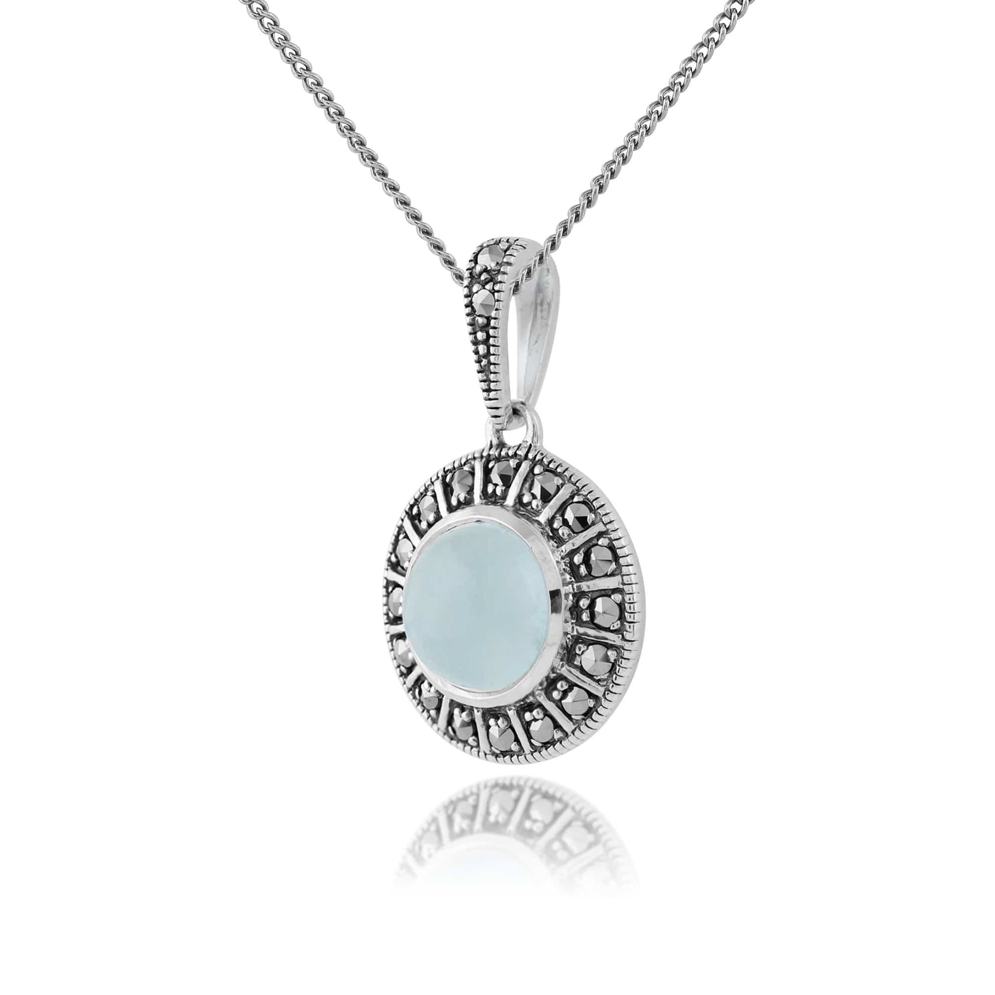 214N646507925 Art Deco Style Round Milky Aquamarine Cabochon & Marcasite Pendant in 925 Sterling Silver 2