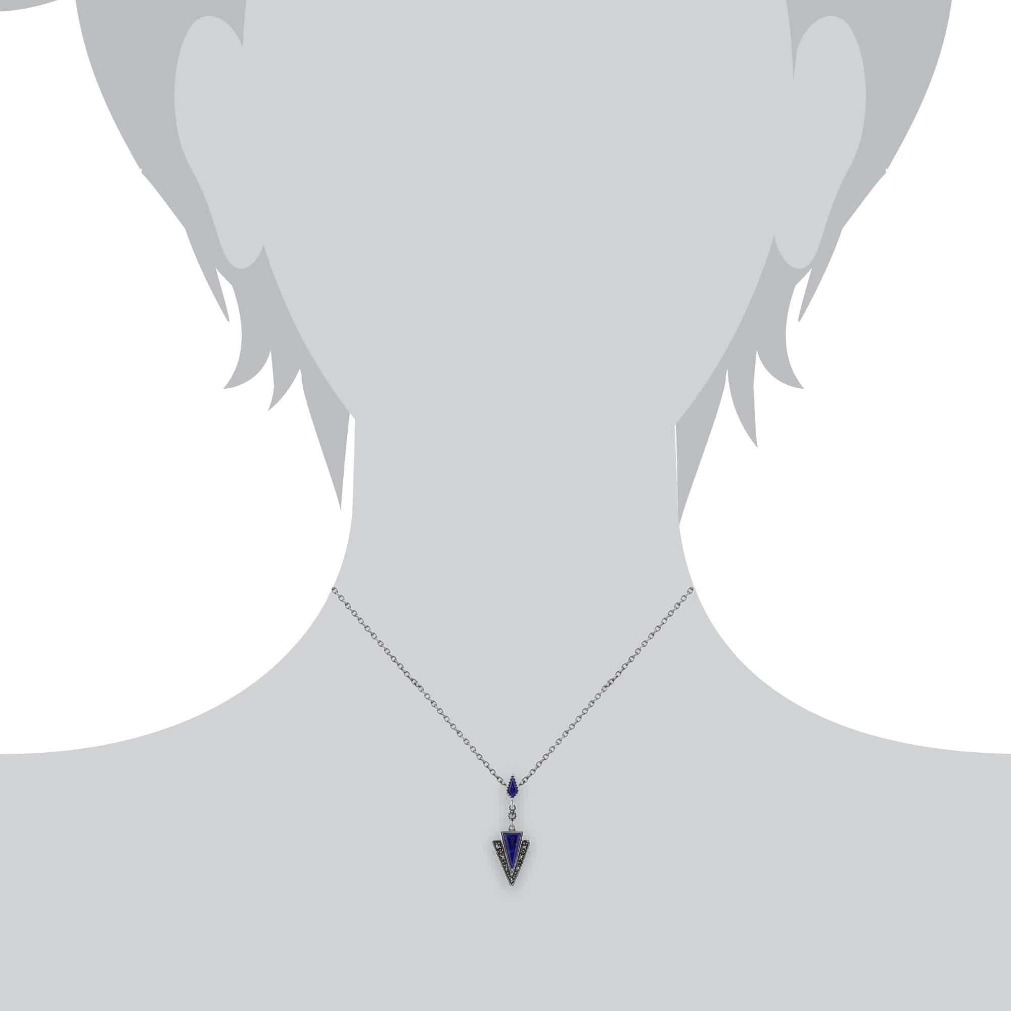 214E823002925-214N658303925 Art Deco Style Style Triangle Lapis Lazuli & Marcasite Drop Earrings & Necklace Set in 925 Sterling Silver 6