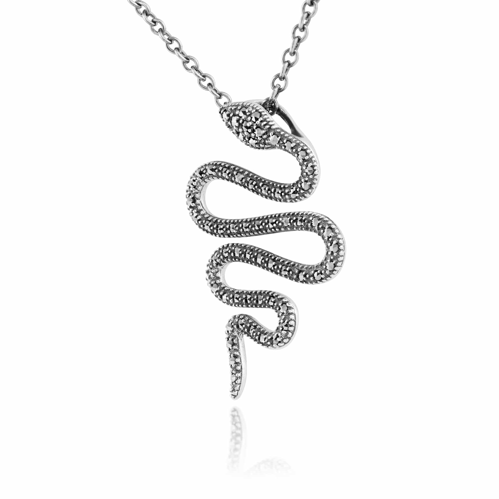 Art Nouveau Style Round Marcasite Snake Drop Pendant in 925 Sterling Silver - Gemondo