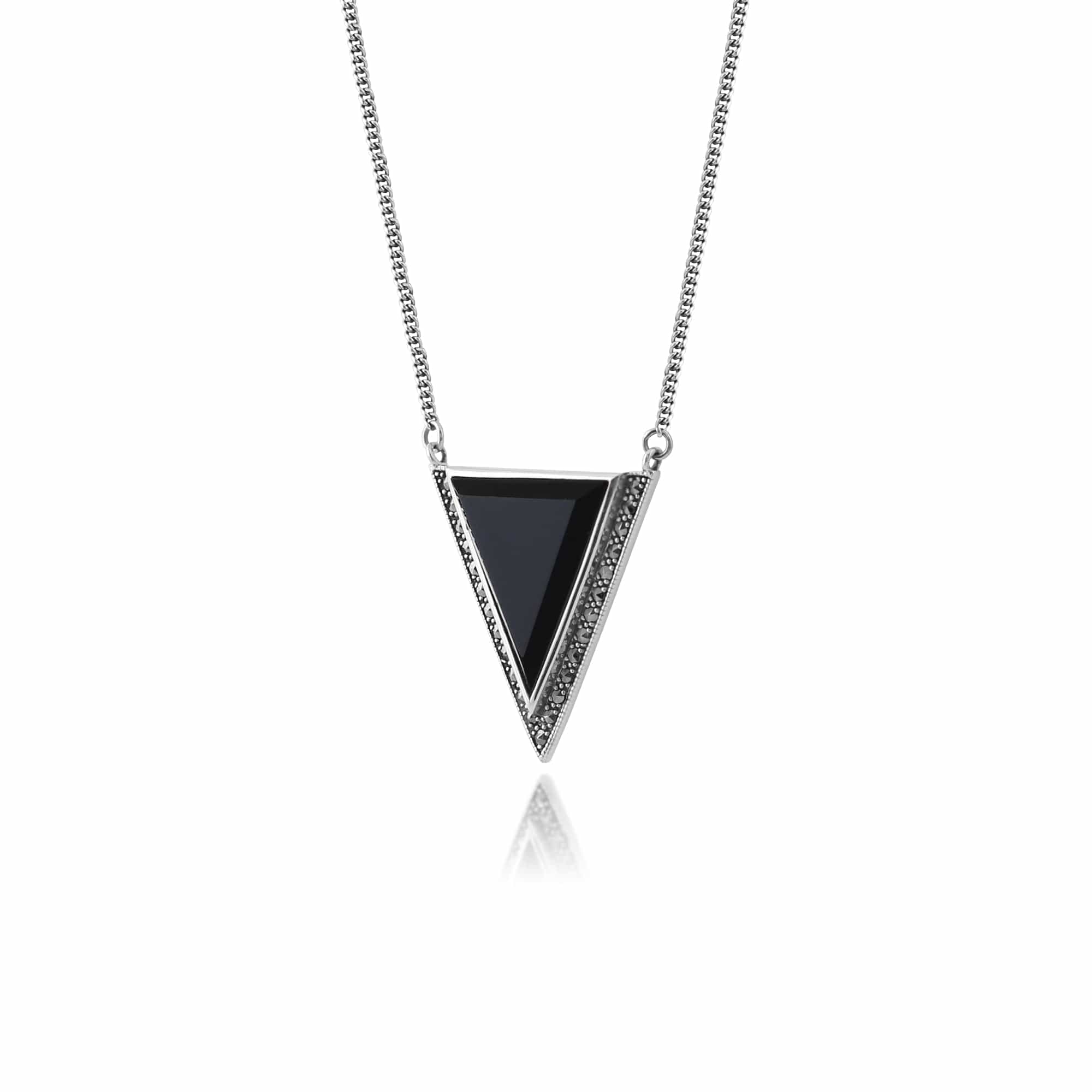 214N680001925 Art Deco Style Triangle Black Onyx & Marcasite Necklace in 925 Sterling Silver 2
