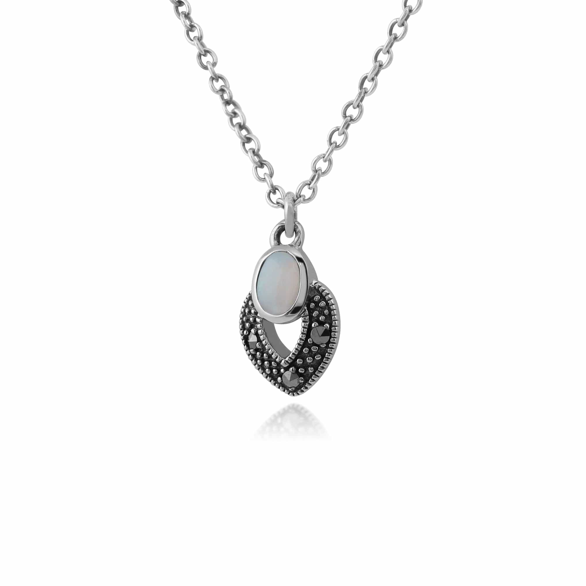 214N688201925 Art Deco Style Oval Opal & Marcasite Necklace in 925 Sterling Silver 2