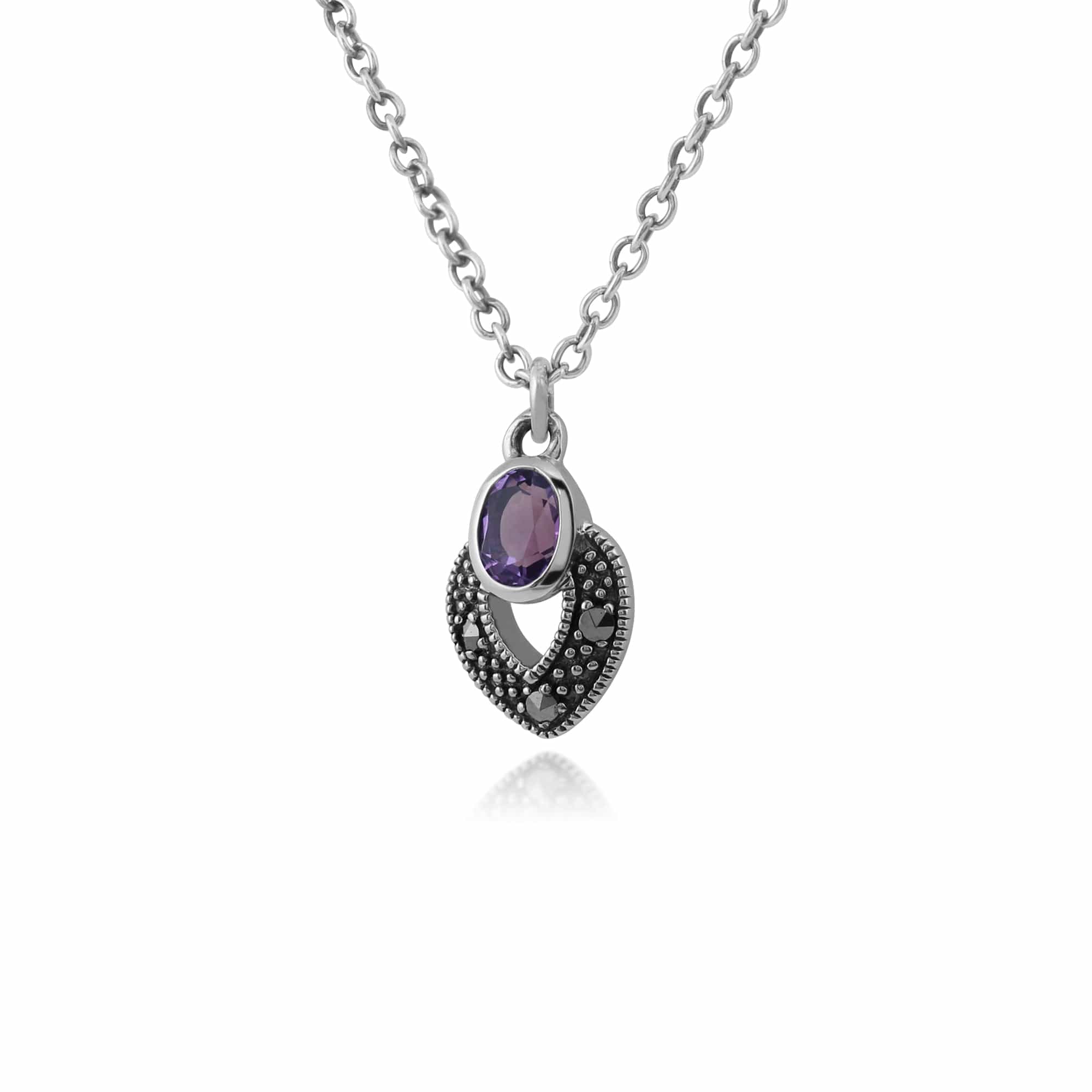 214N688204925 Art Deco Style Oval Amethyst & Marcasite Necklace in 925 Sterling Silver 2