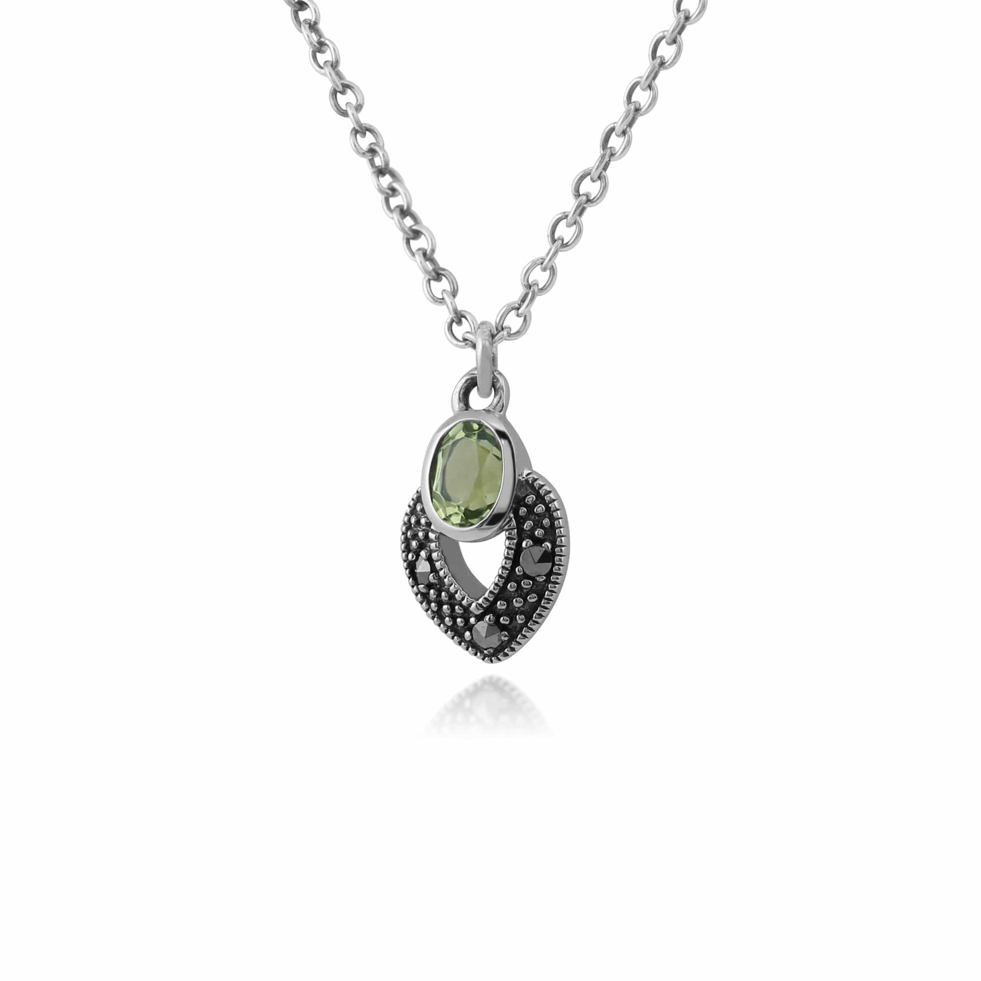 214N688206925 Art Deco Style Oval Peridot & Marcasite Necklace in Sterling Silver 2