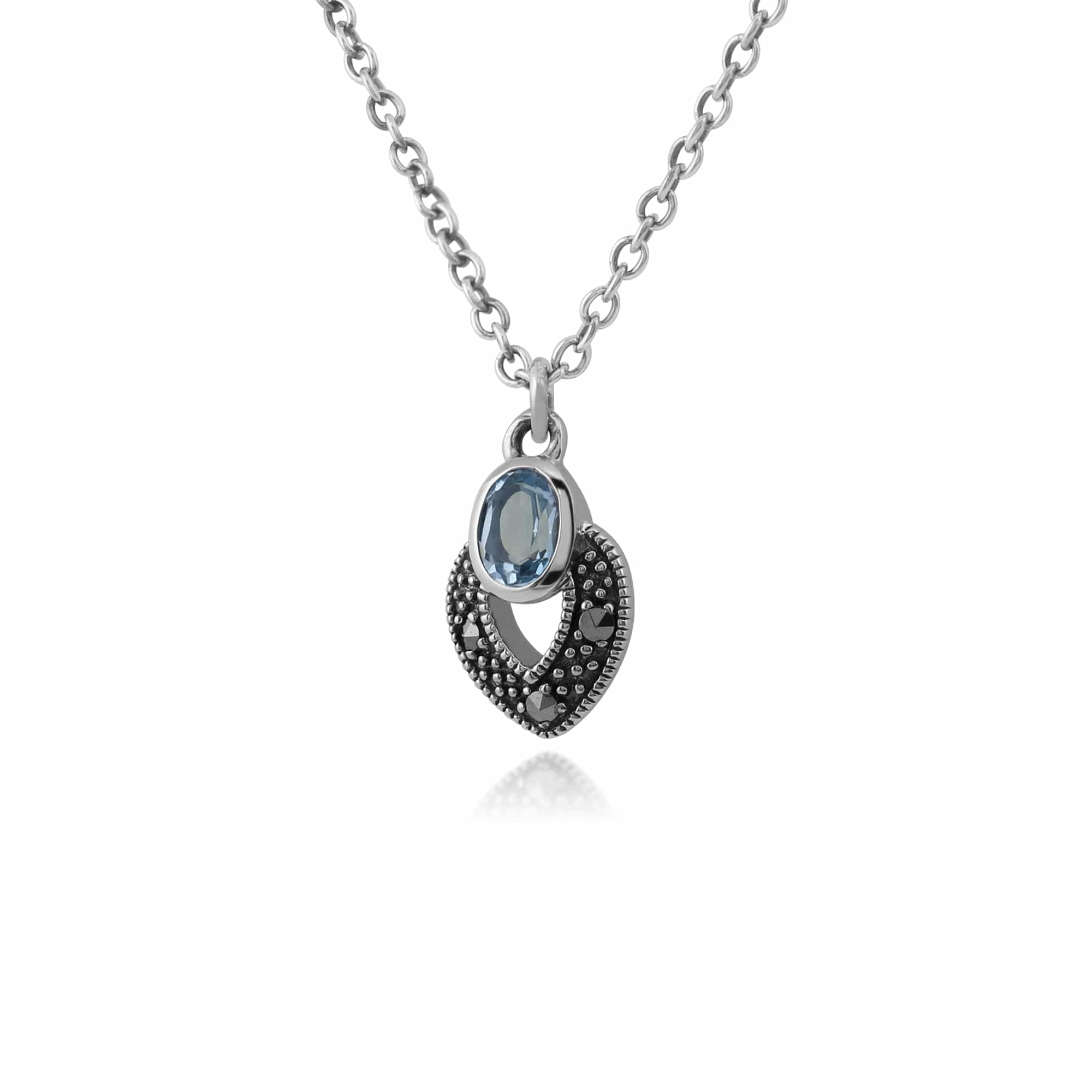 214N688207925 Art Deco Style Oval Blue Topaz & Marcasite Necklace in 925 Sterling Silver 2