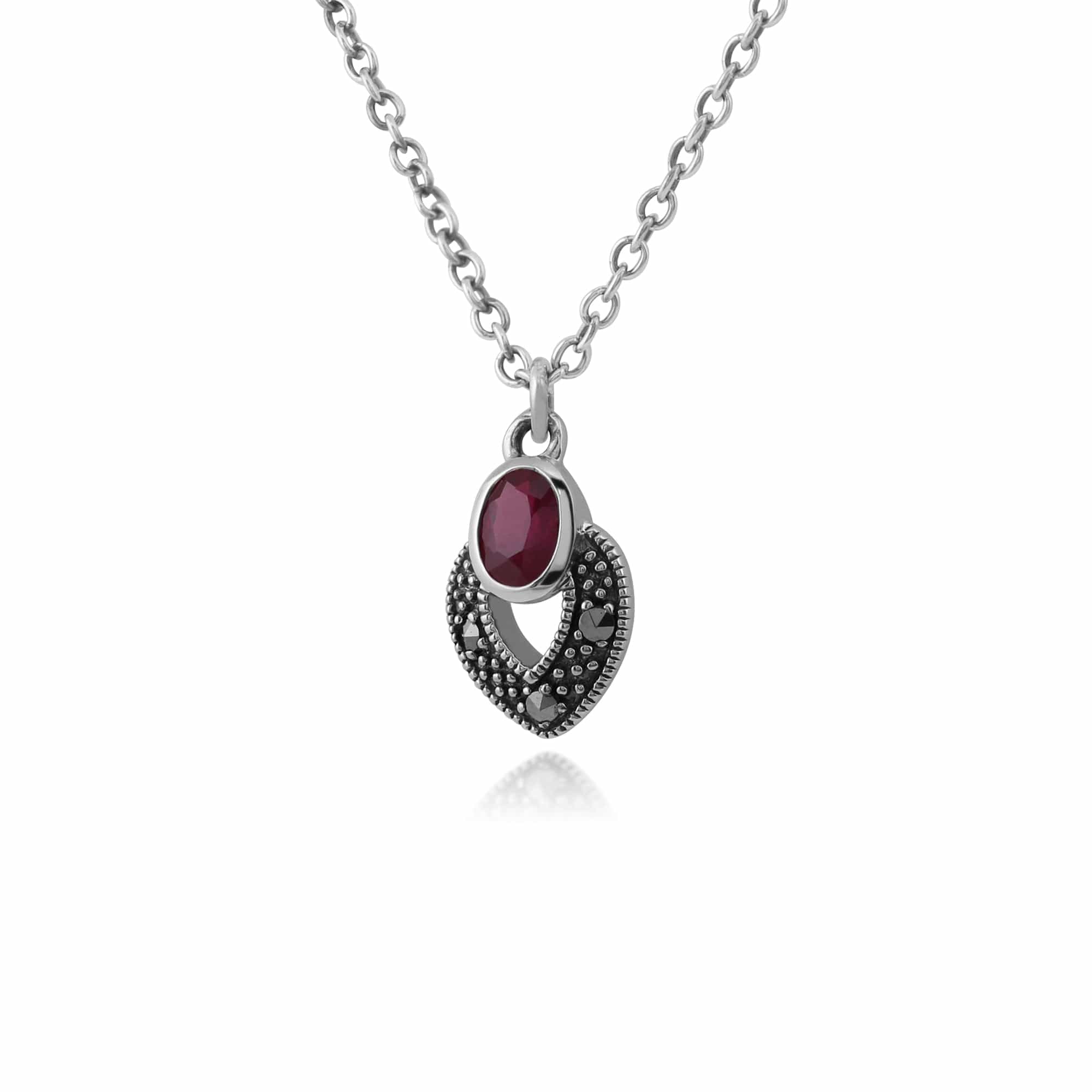 214N688211925 Art Deco Style Oval Ruby & Marcasite Necklace in 925 Sterling Silver 2