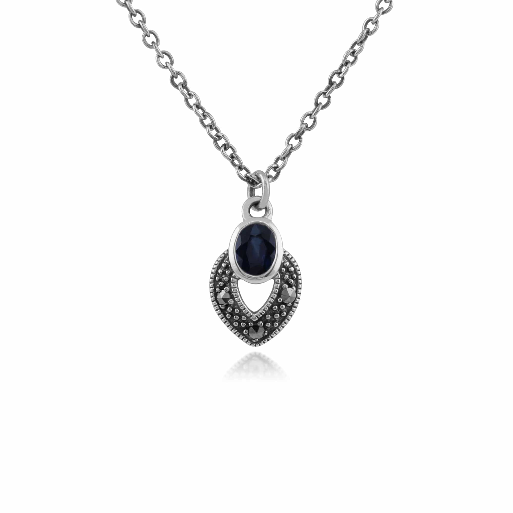 Art Deco Style Oval Sapphire & Marcasite Necklace in 925 Sterling Silver - Gemondo