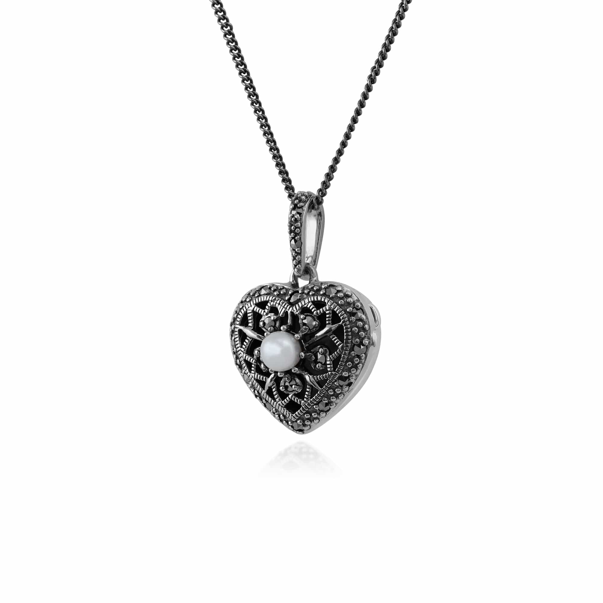 214N688501925 Art Nouveau Style Pearl & Marcasite Heart Necklace in 925 Sterling Silver 4