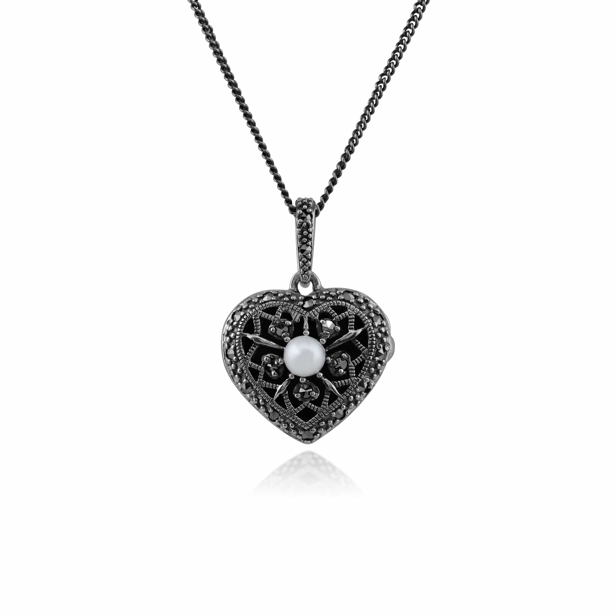 Art Nouveau Style Pearl & Marcasite Heart Necklace in 925 Sterling Silver - Gemondo