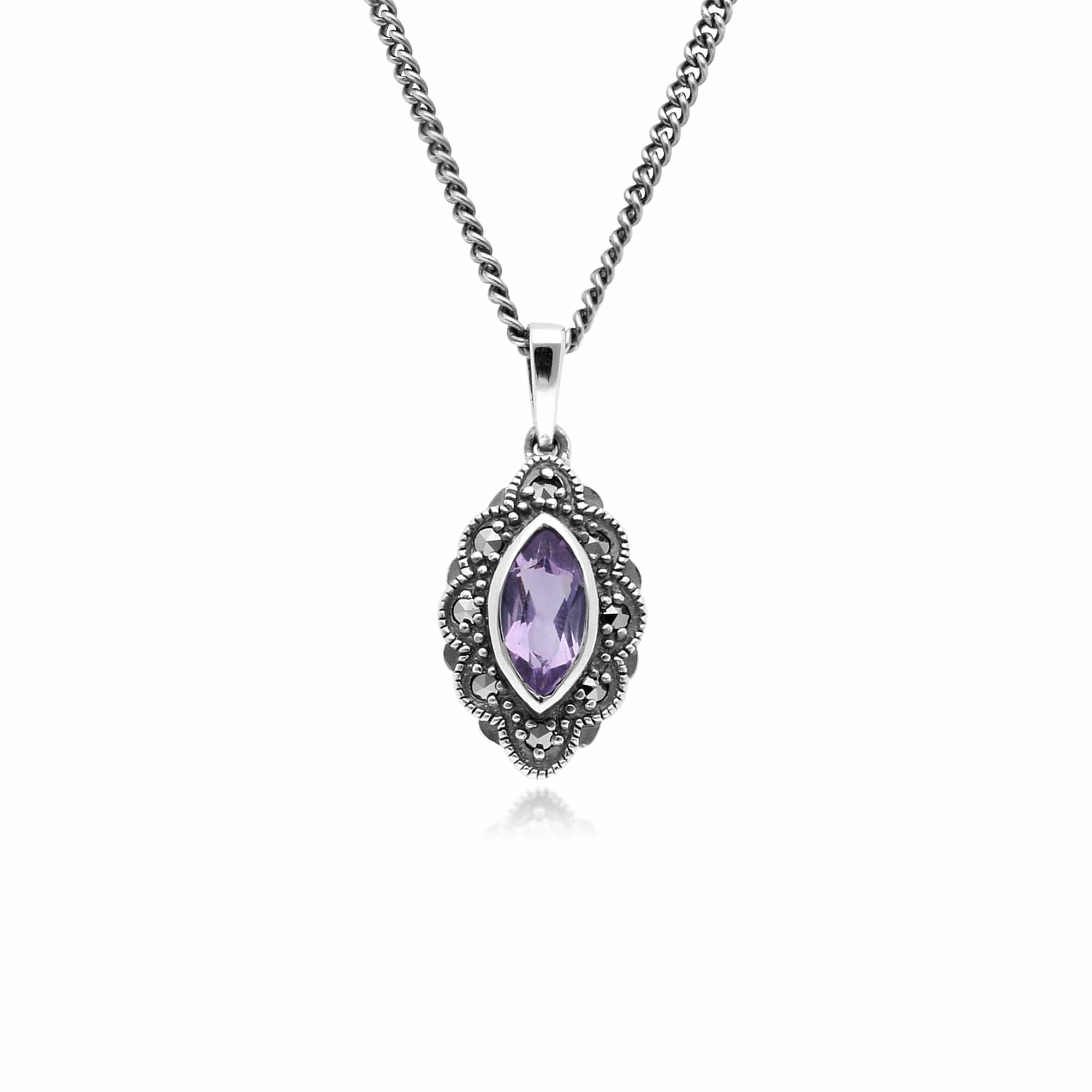 214N696102925 Art Deco Style Marquise Amethyst & Marcasite Pendant in 925 Sterling Silver 1