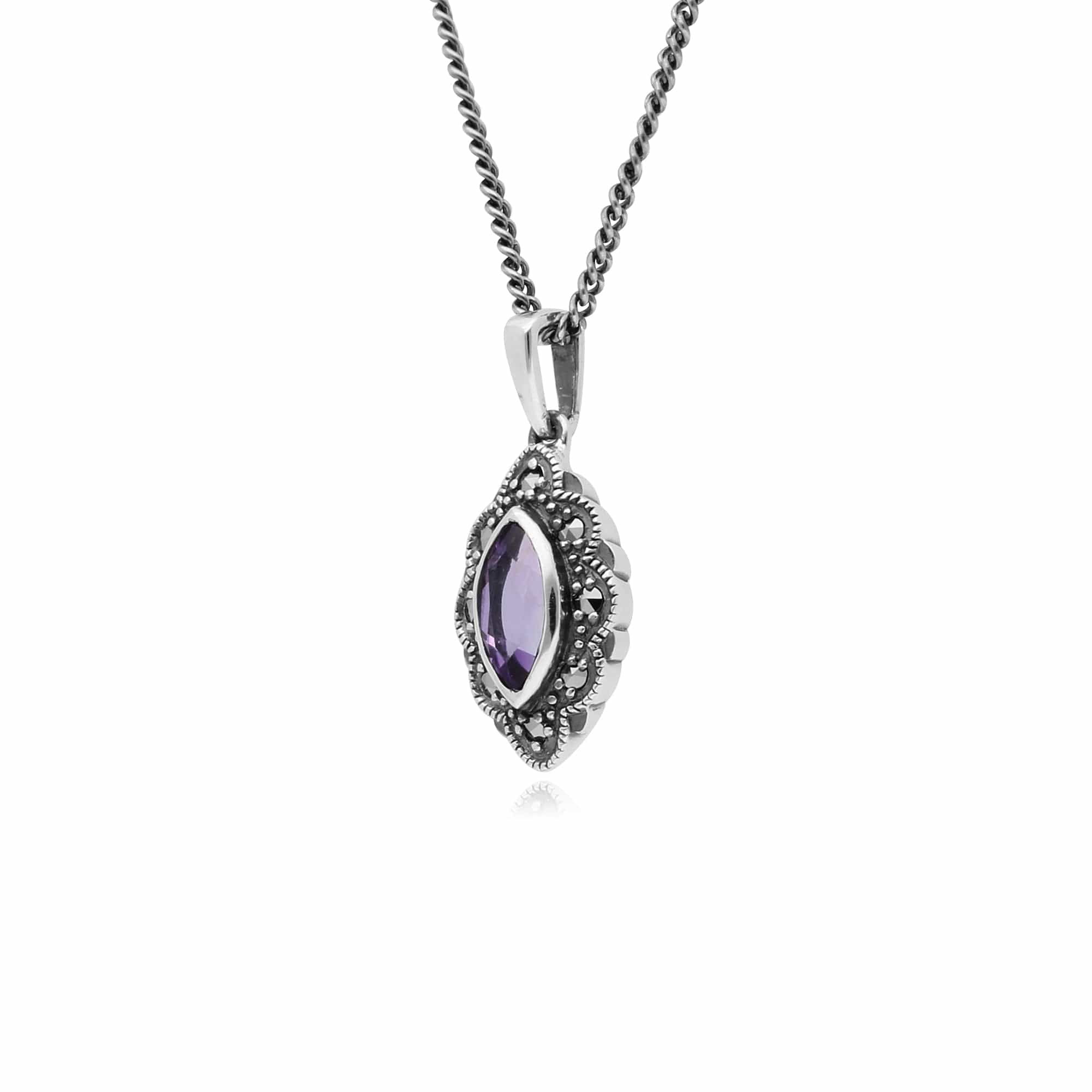 214N696102925 Art Deco Style Marquise Amethyst & Marcasite Pendant in 925 Sterling Silver 2